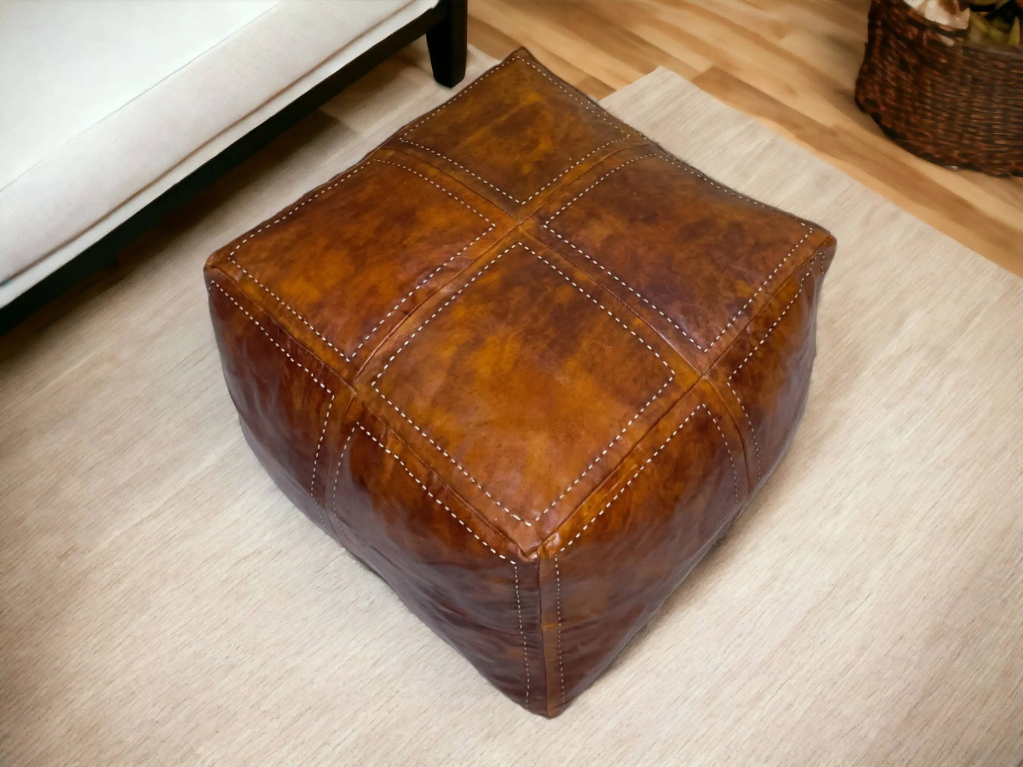 Elevate Your Living Space with Our Luxurious Tobacco  Square Leather Pouf Soukdecor