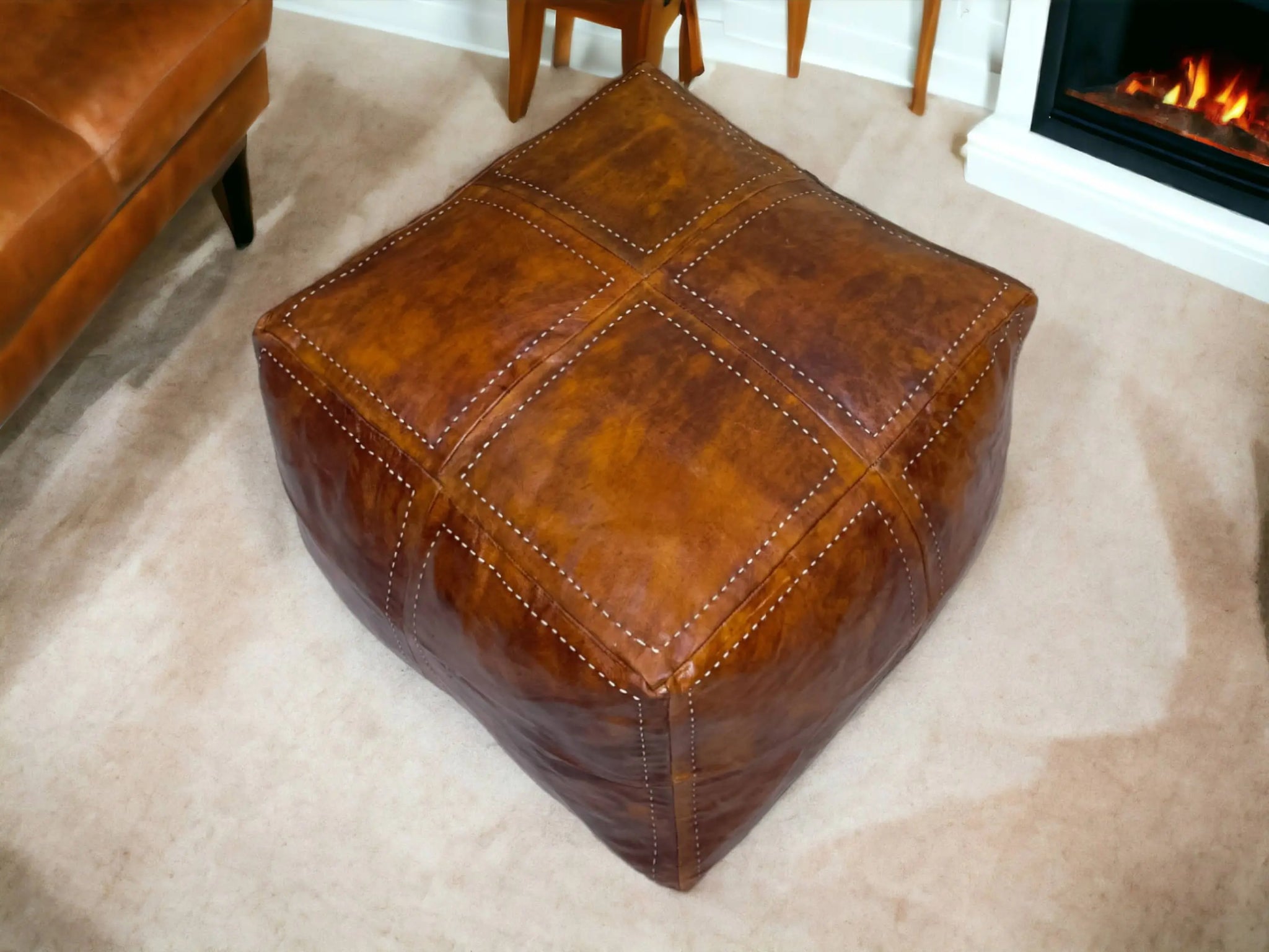 Elevate Your Living Space with Our Luxurious Tobacco  Square Leather Pouf Soukdecor