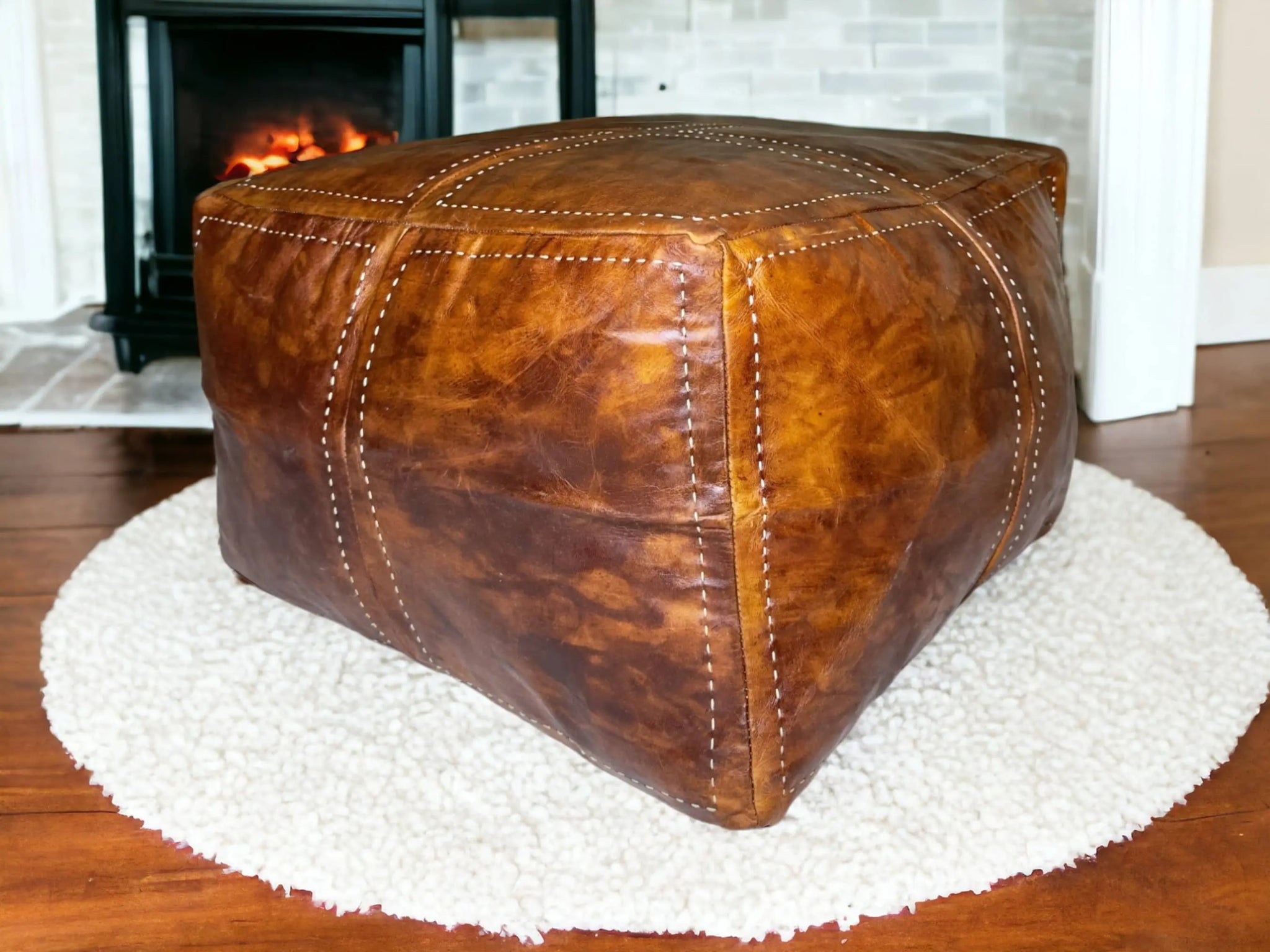 Elevate Your Living Space with Our Luxurious Tobacco  Square Leather Pouf Soukdecor