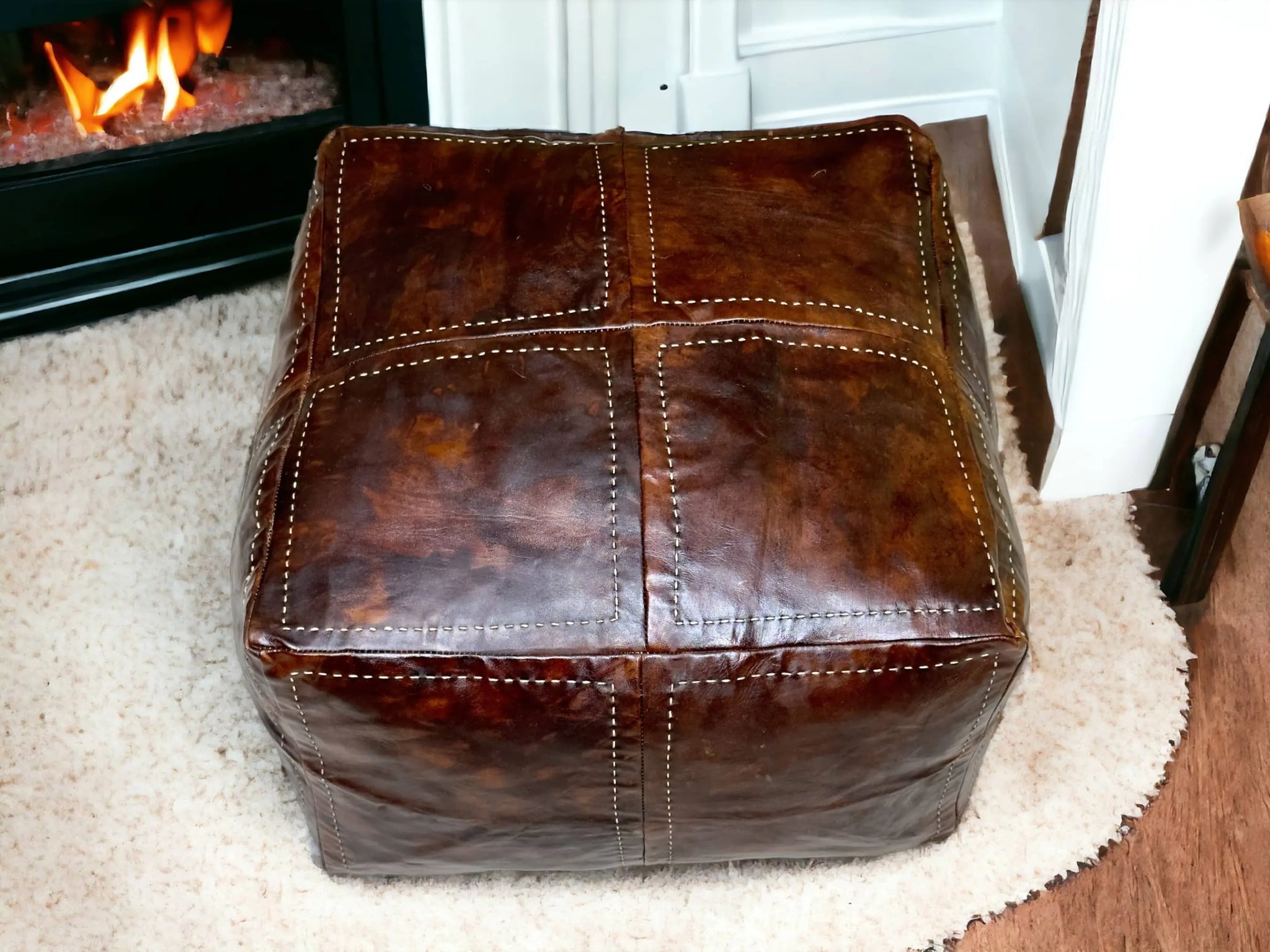 Enrich Your Living Space with Our Sumptuous  Brown Square Leather Pouf:  A Touch of Moroccan Elegance Soukdecor