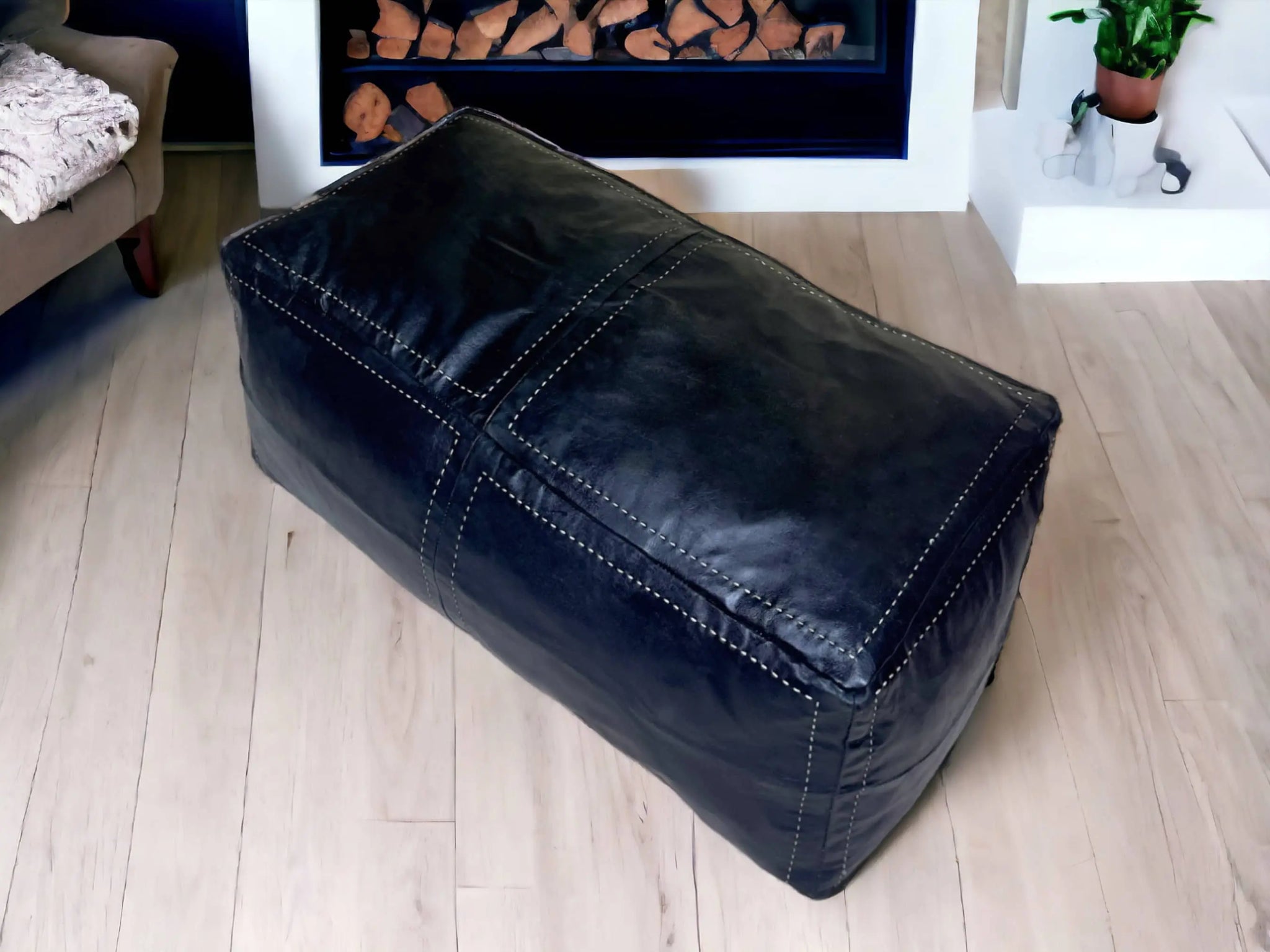Authentic Moroccan Black Leather Poufs: Handcrafted Elegance by Artisans Soukdecor
