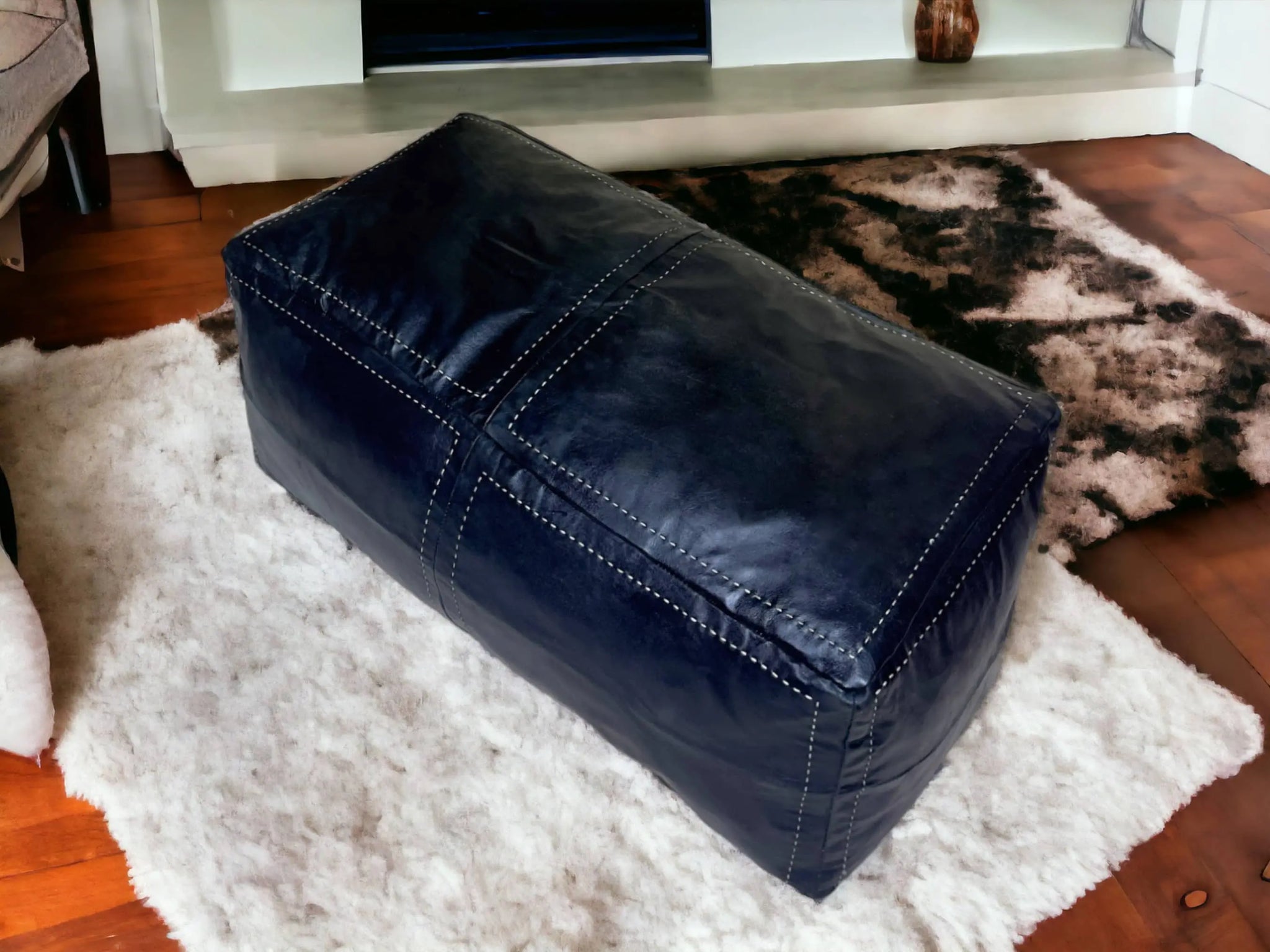 Authentic Moroccan Black Leather Poufs: Handcrafted Elegance by Artisans Soukdecor
