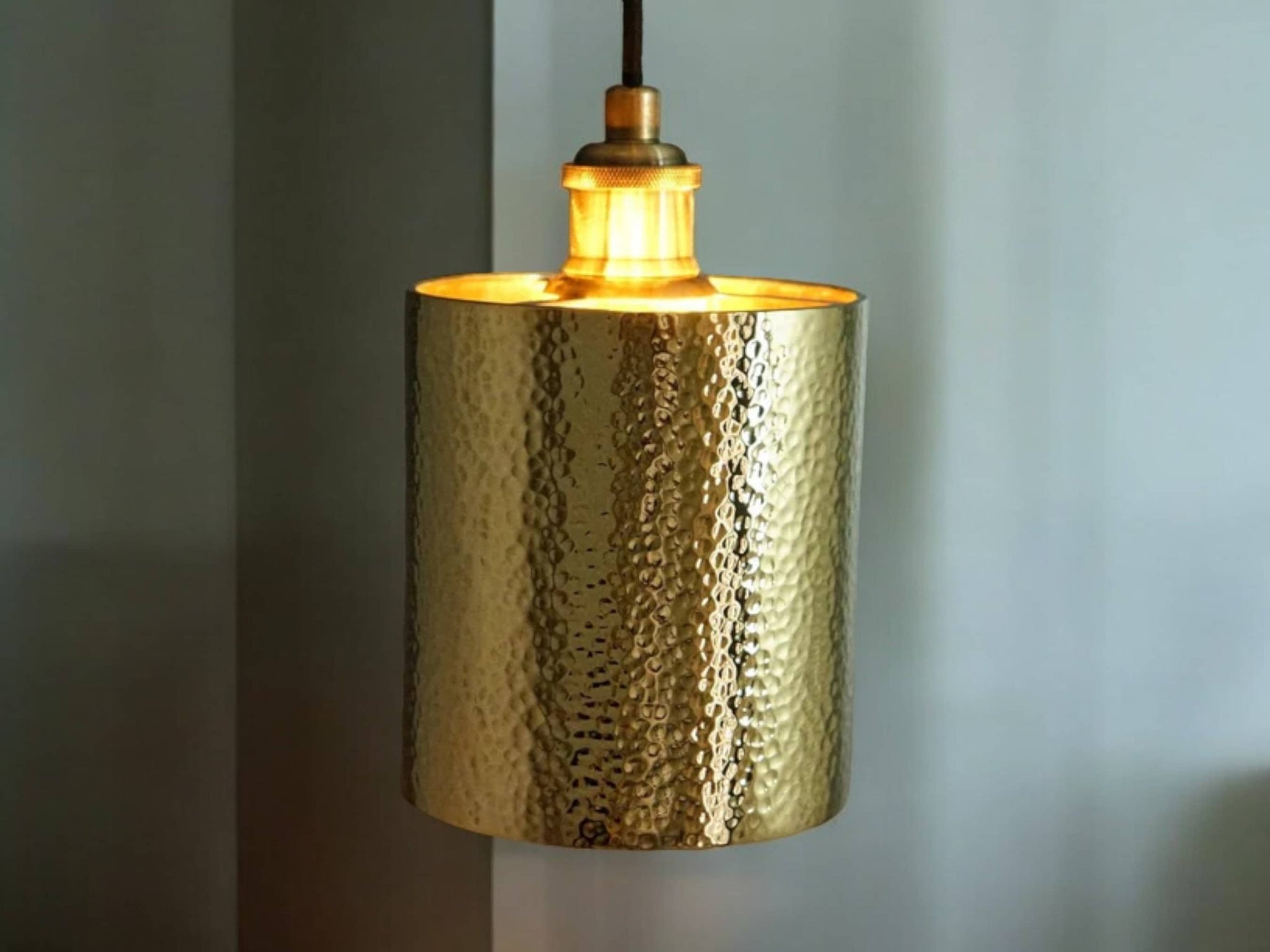 Handcrafted Hammered Brass Cylindrical Pendant Ceiling Light Fixture Soukdecor