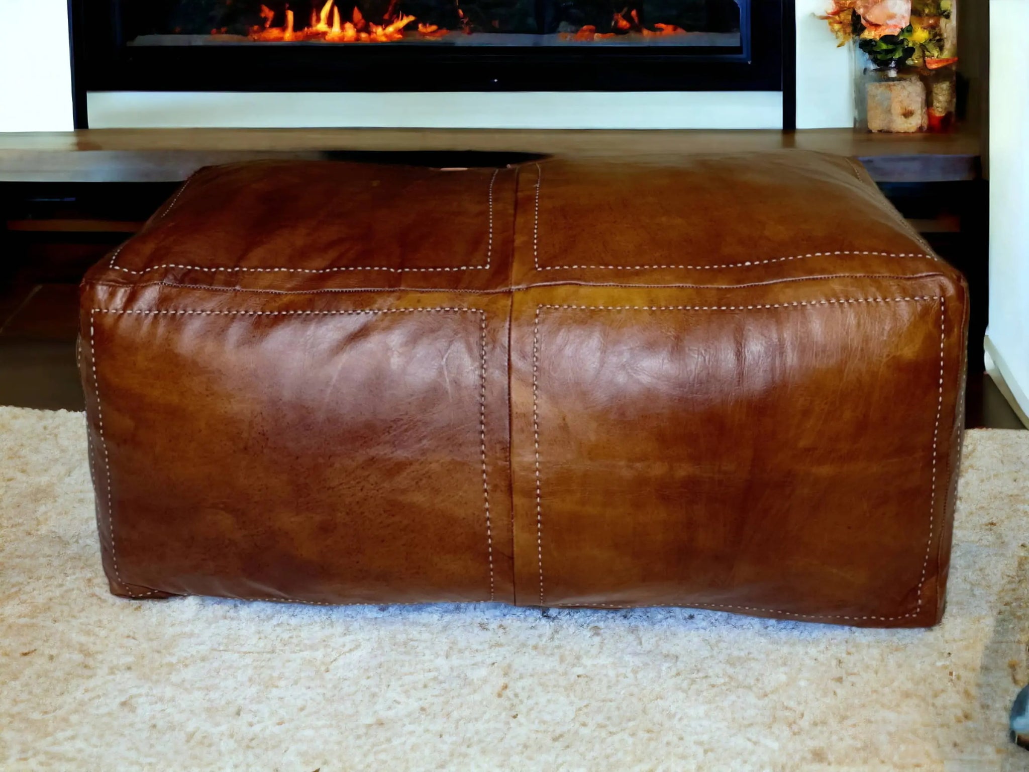 Moroccan Tobacco Leather Handcrafted Pouf: Distinct Elegance for Your Space Soukdecor