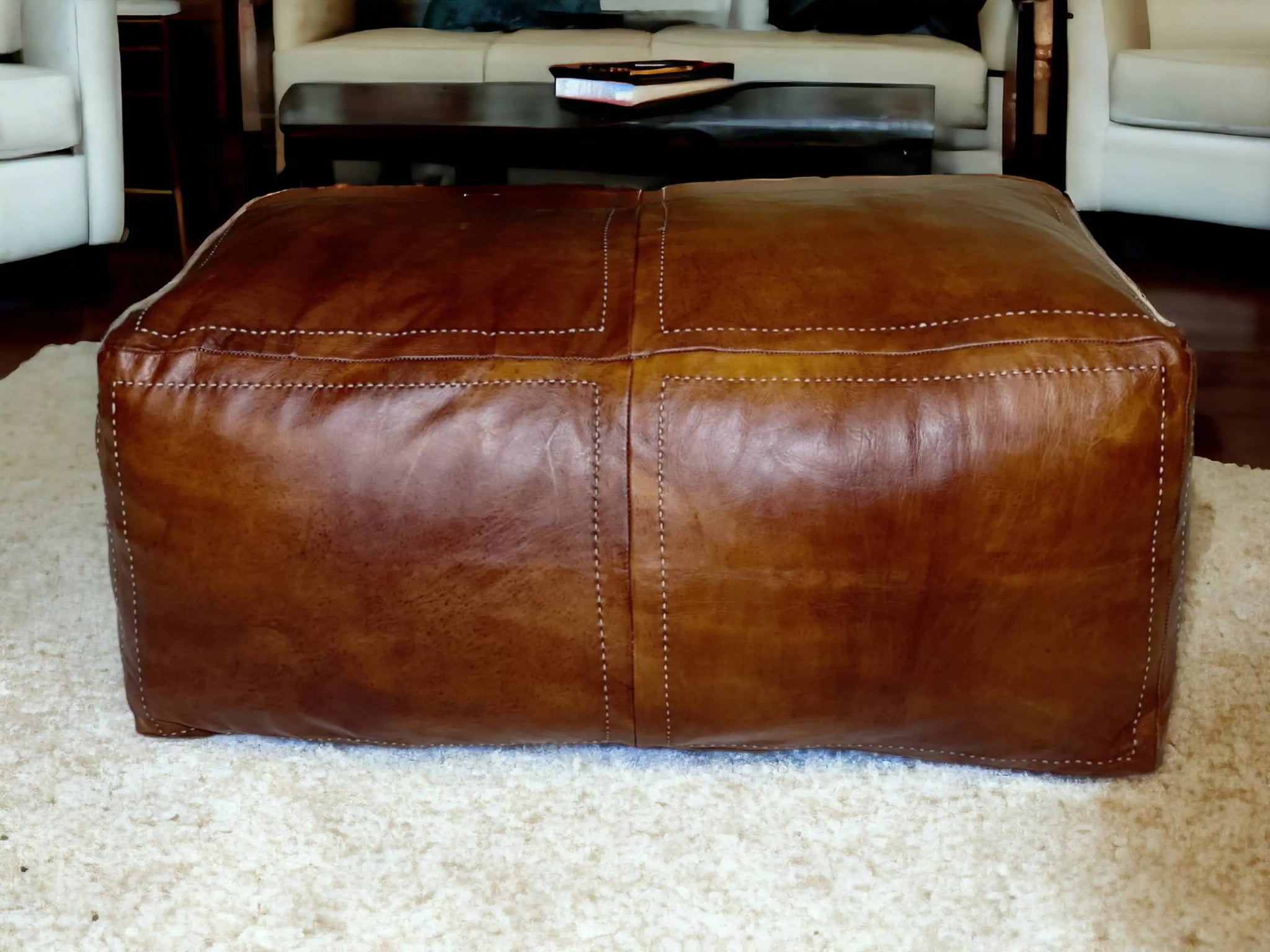 Moroccan Tobacco Leather Handcrafted Pouf: Distinct Elegance for Your Space Soukdecor