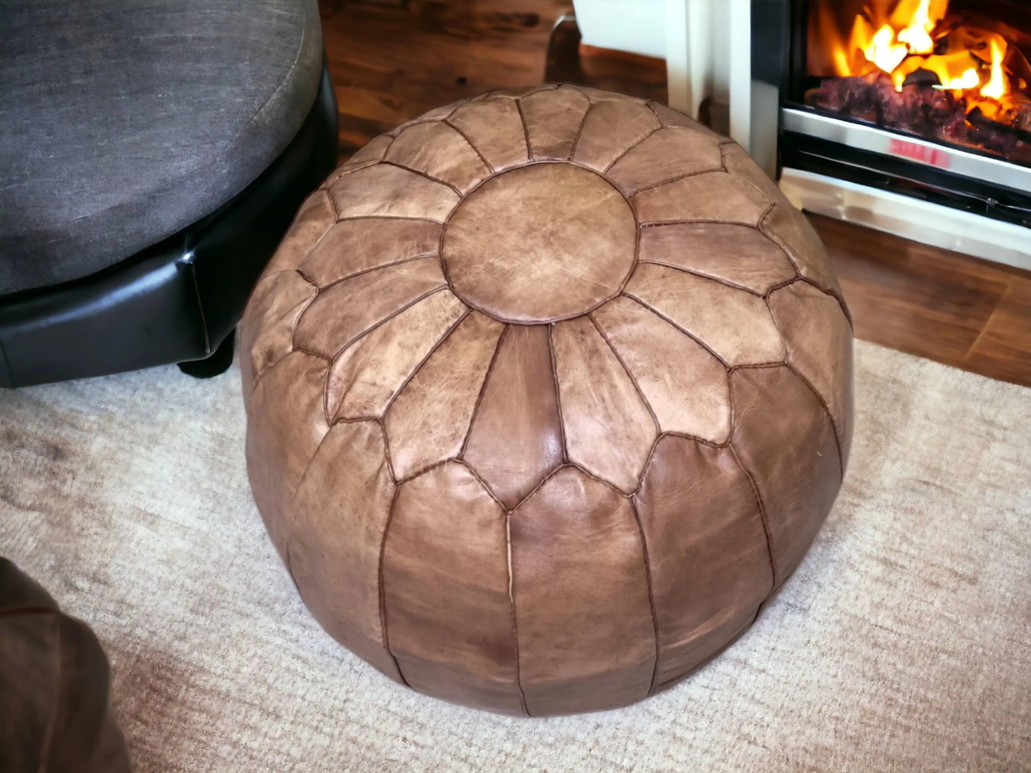 Moroccan Charm: Natural-Tan Leather Ottoman Pouf Soukdecor