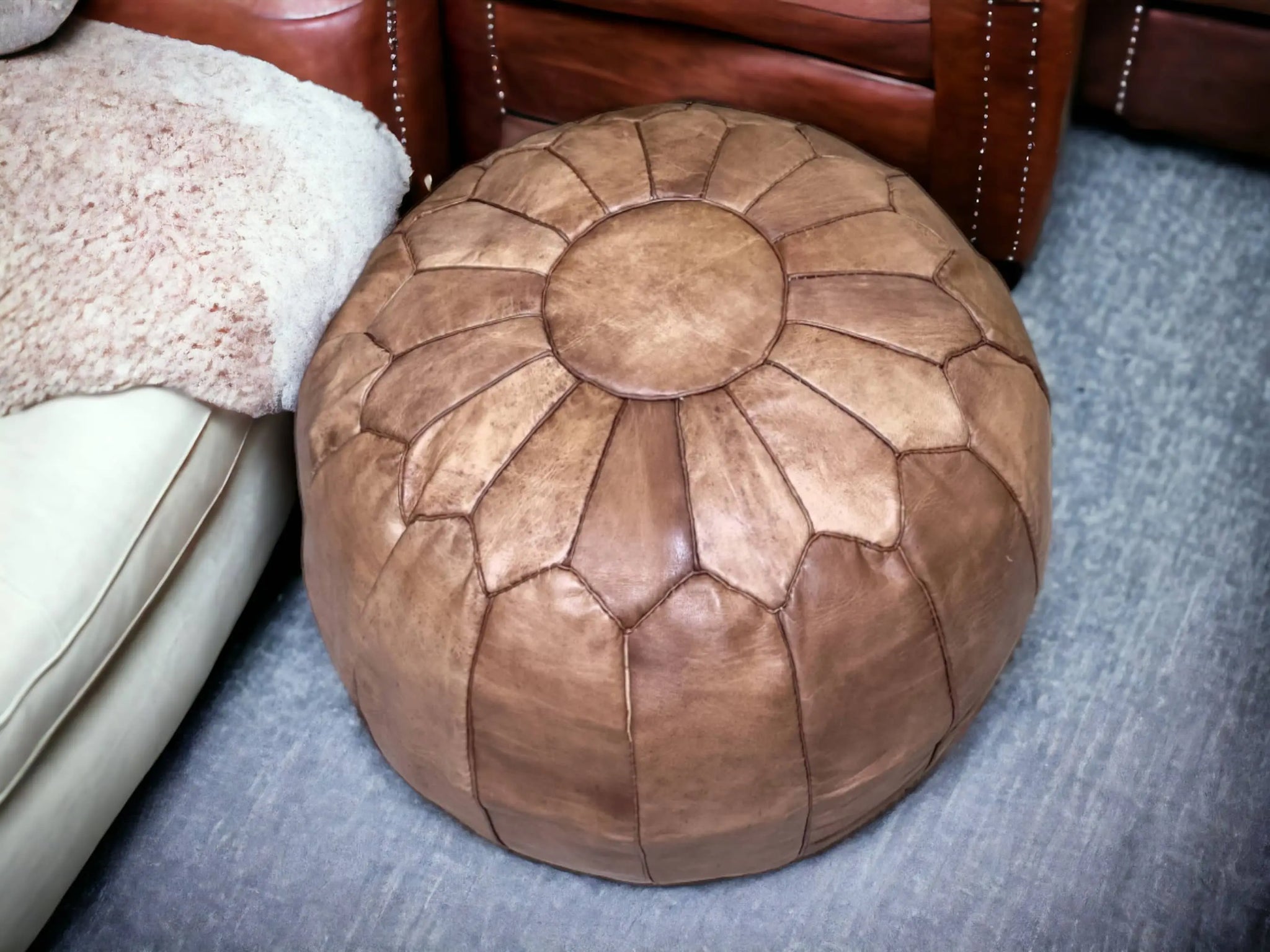 Moroccan Charm: Natural-Tan Leather Ottoman Pouf Soukdecor