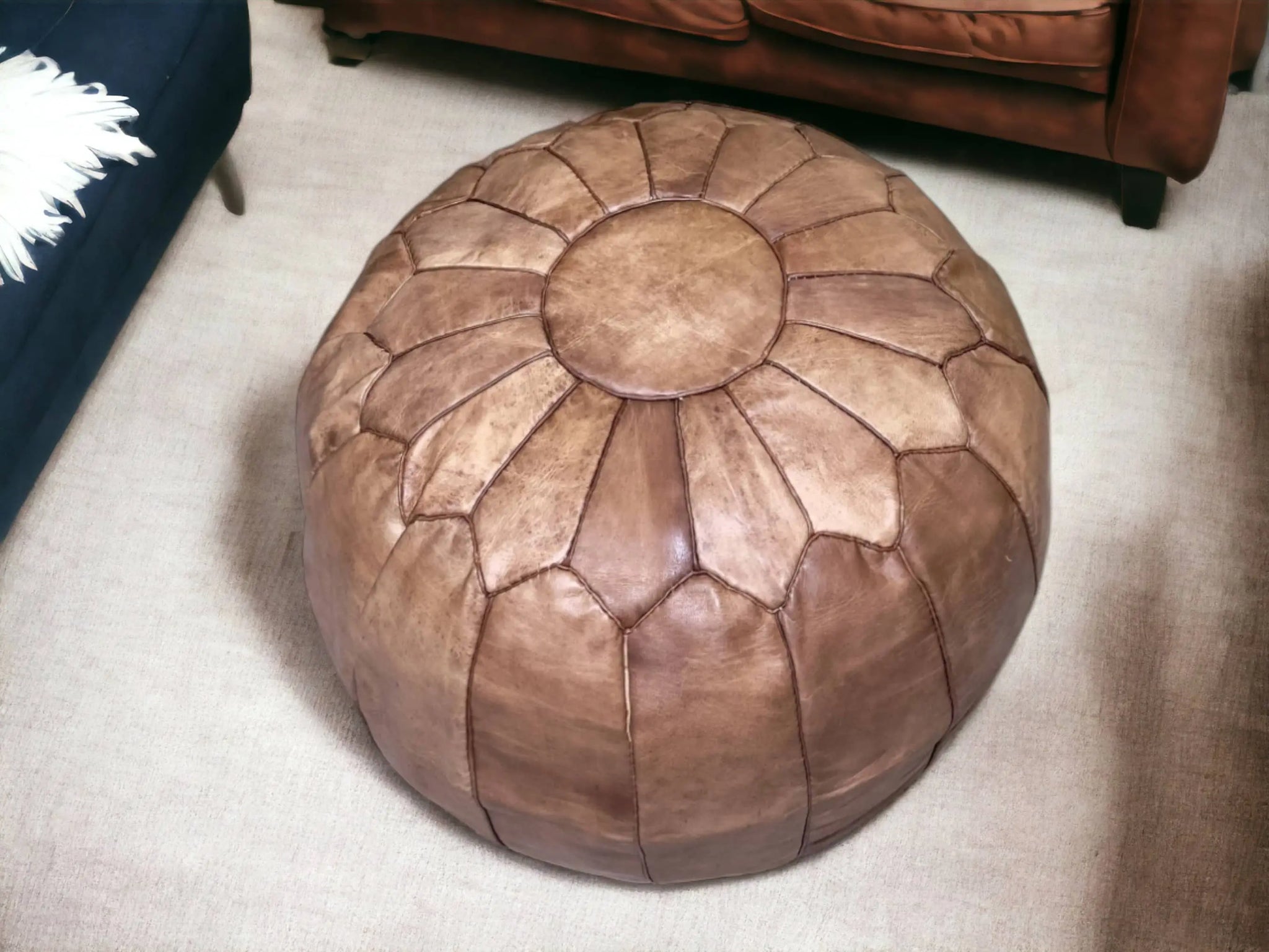 Moroccan Charm: Natural-Tan Leather Ottoman Pouf Soukdecor