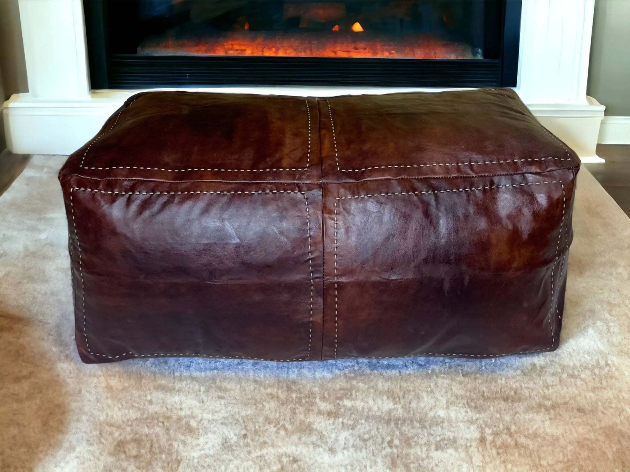 Moroccan Brown Leather Two-Seat Pouf: Handcrafted Comfort for Your Home Soukdecor