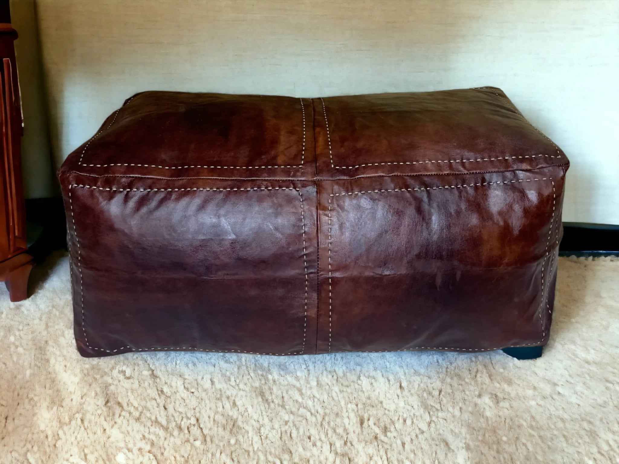 Moroccan Brown Leather Two-Seat Pouf: Handcrafted Comfort for Your Home Soukdecor