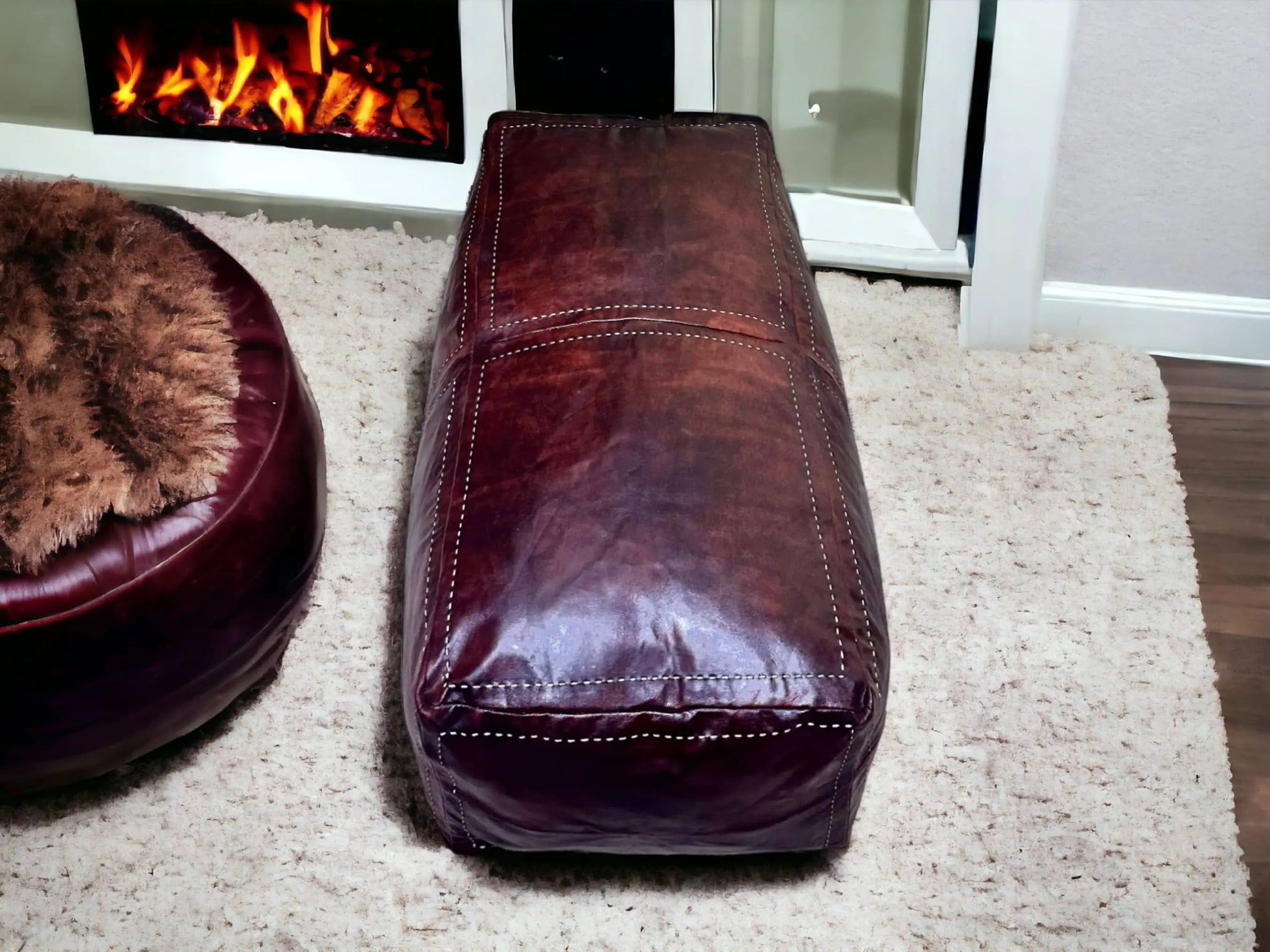 Moroccan Brown Leather Two-Seat Pouf: Handcrafted Comfort for Your Home Soukdecor