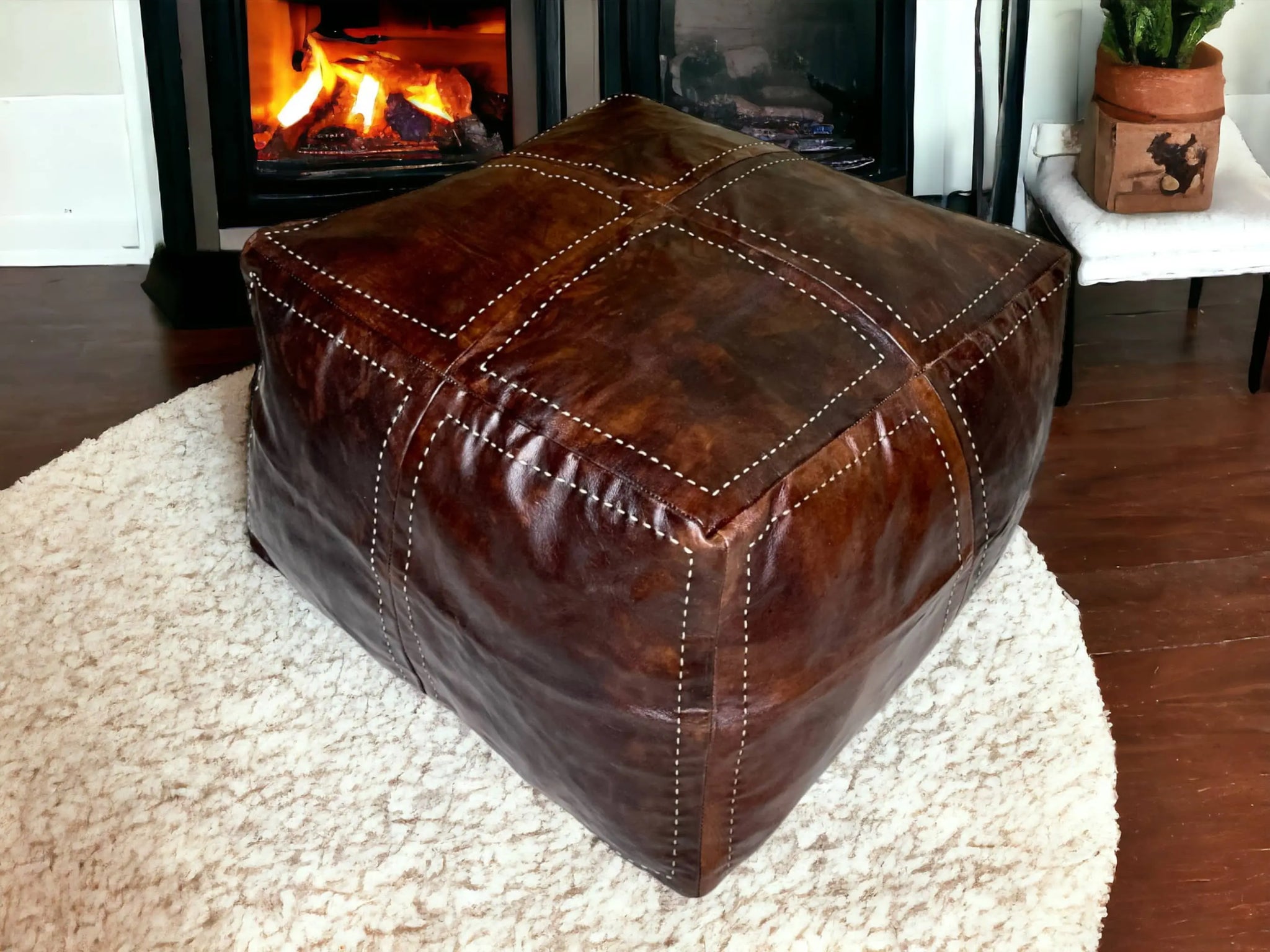 Enrich Your Living Space with Our Sumptuous  Brown Square Leather Pouf:  A Touch of Moroccan Elegance Soukdecor