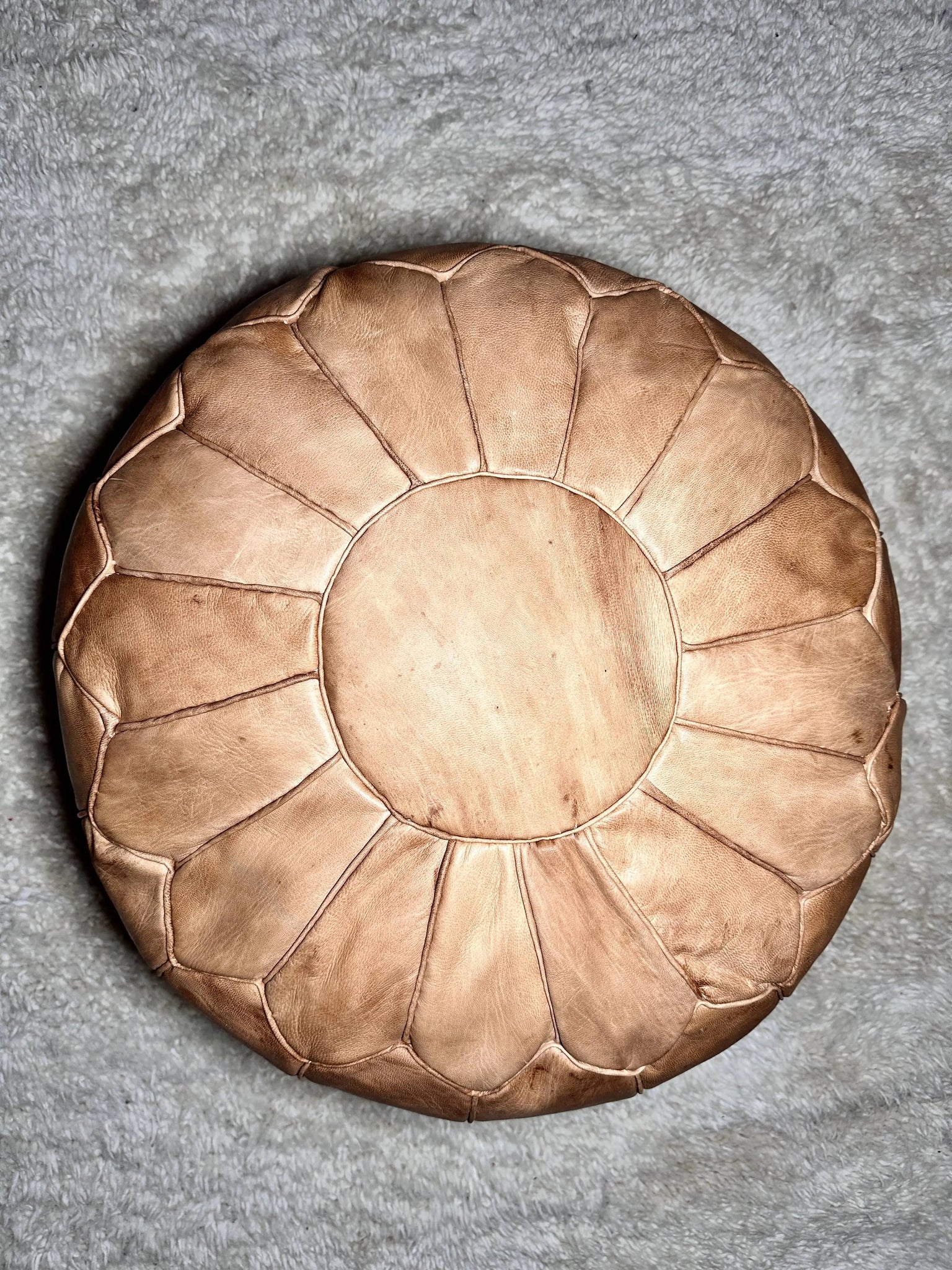 Moroccan Charm: Natural-Tan Leather Ottoman Pouf Soukdecor