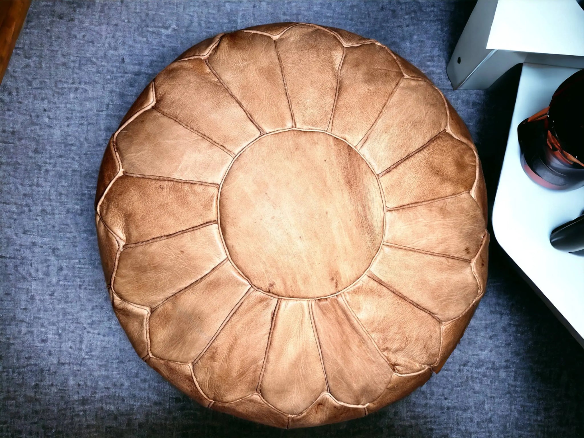 Moroccan Charm: Natural-Tan Leather Ottoman Pouf Soukdecor