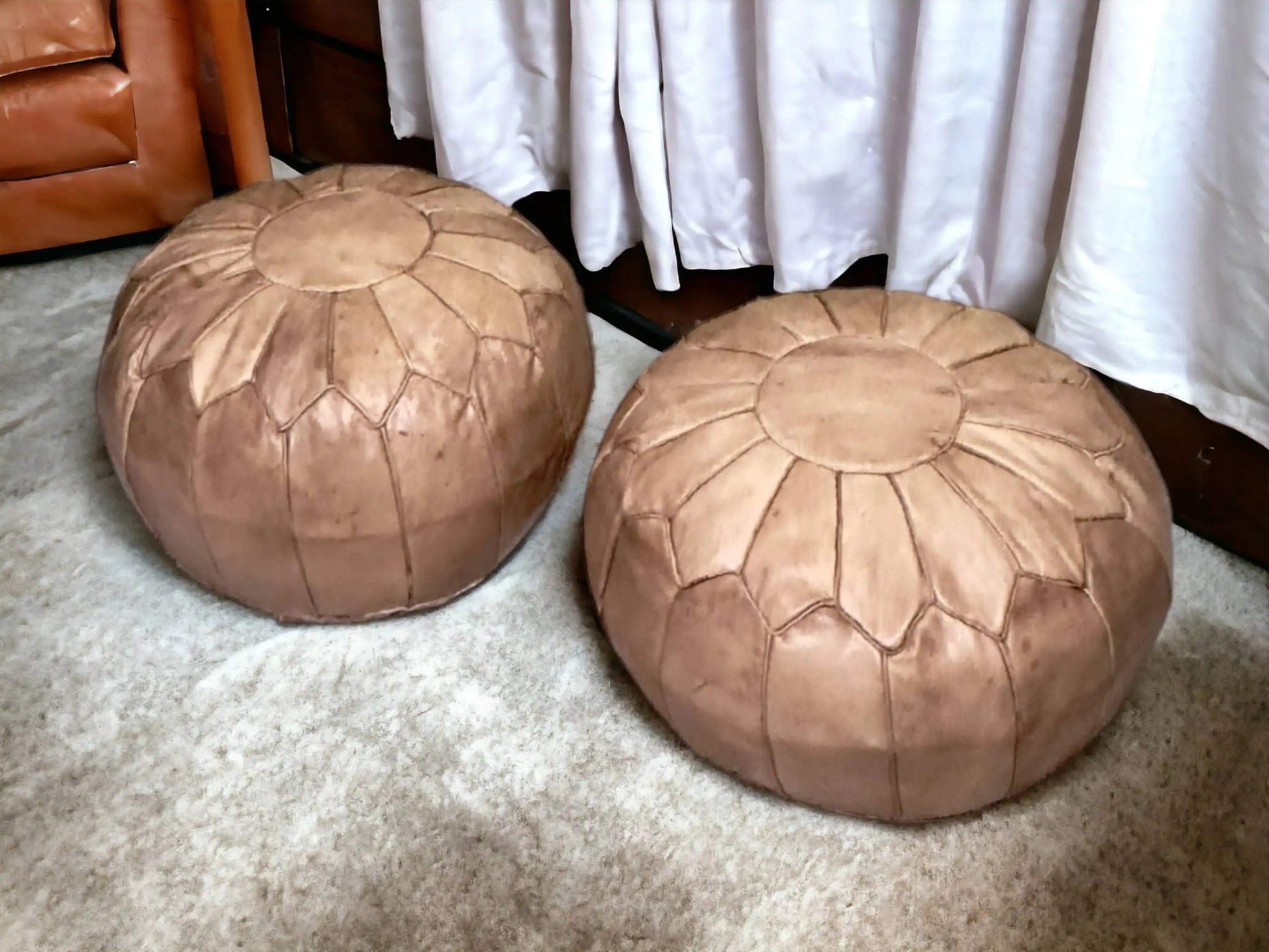 Moroccan Charm: Natural-Tan Leather Ottoman Pouf Soukdecor