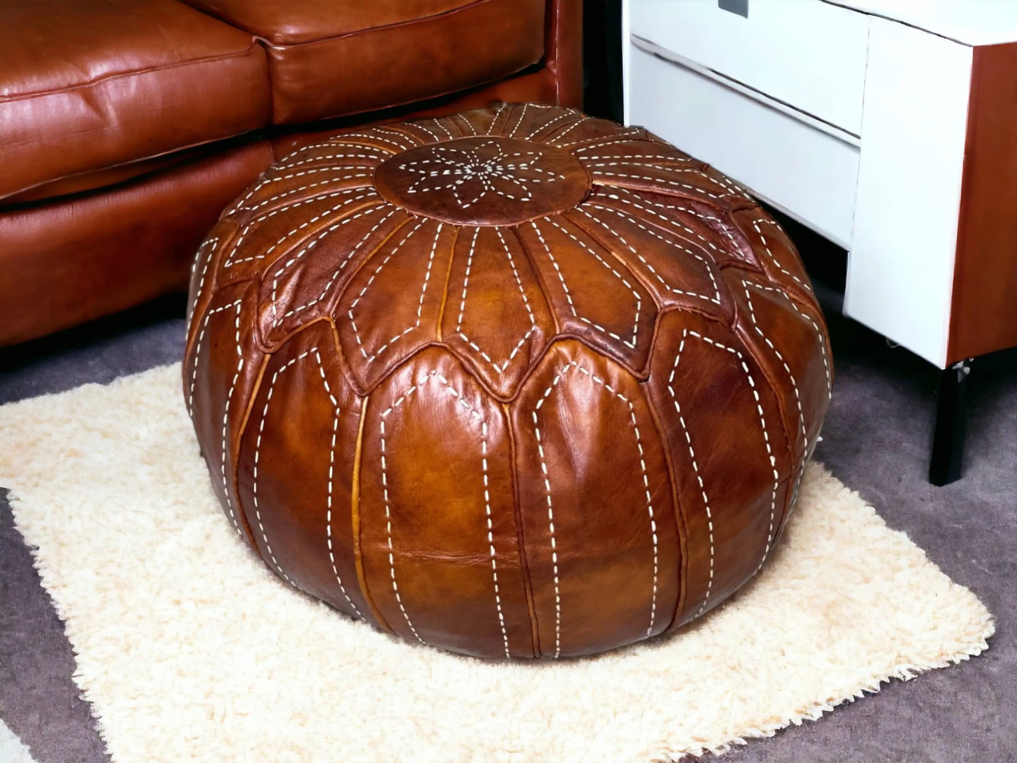 Moroccan Tabacco Round Pouf – Cozy Comfort in Earthy Elegance Soukdecor