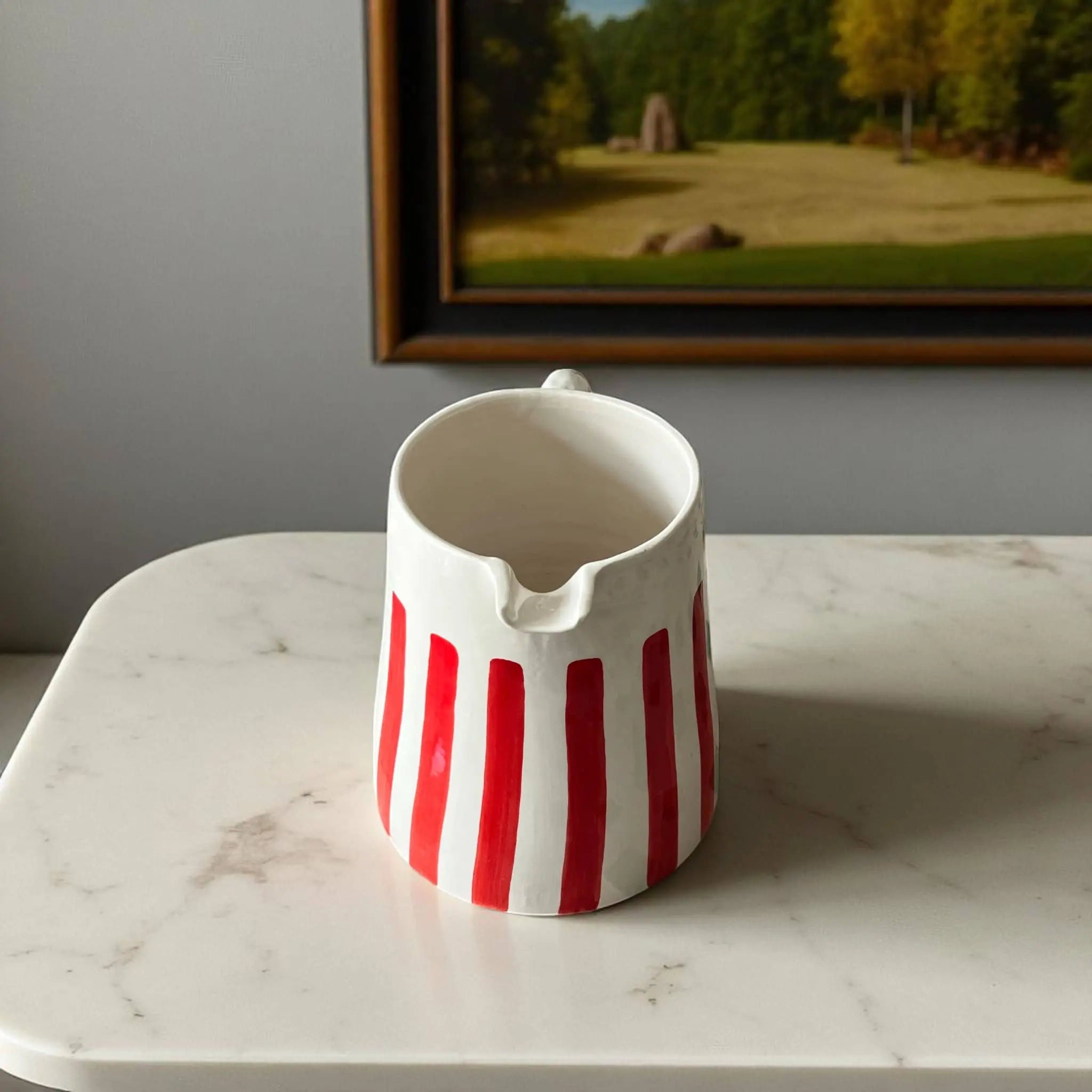 Add Cheerful Style with This Handpainted Red & White Striped Pitcher Soukdecor