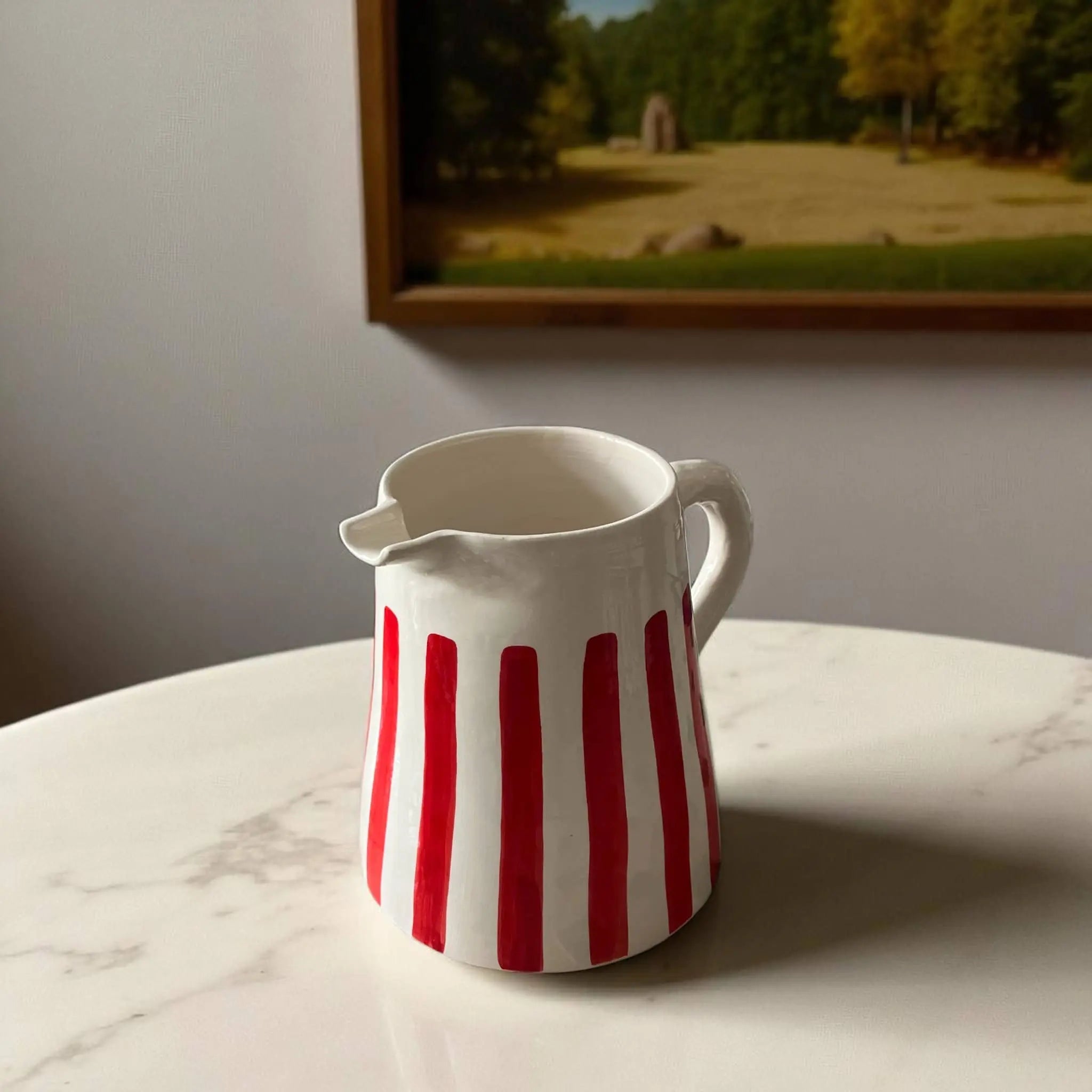 Add Cheerful Style with This Handpainted Red & White Striped Pitcher Soukdecor