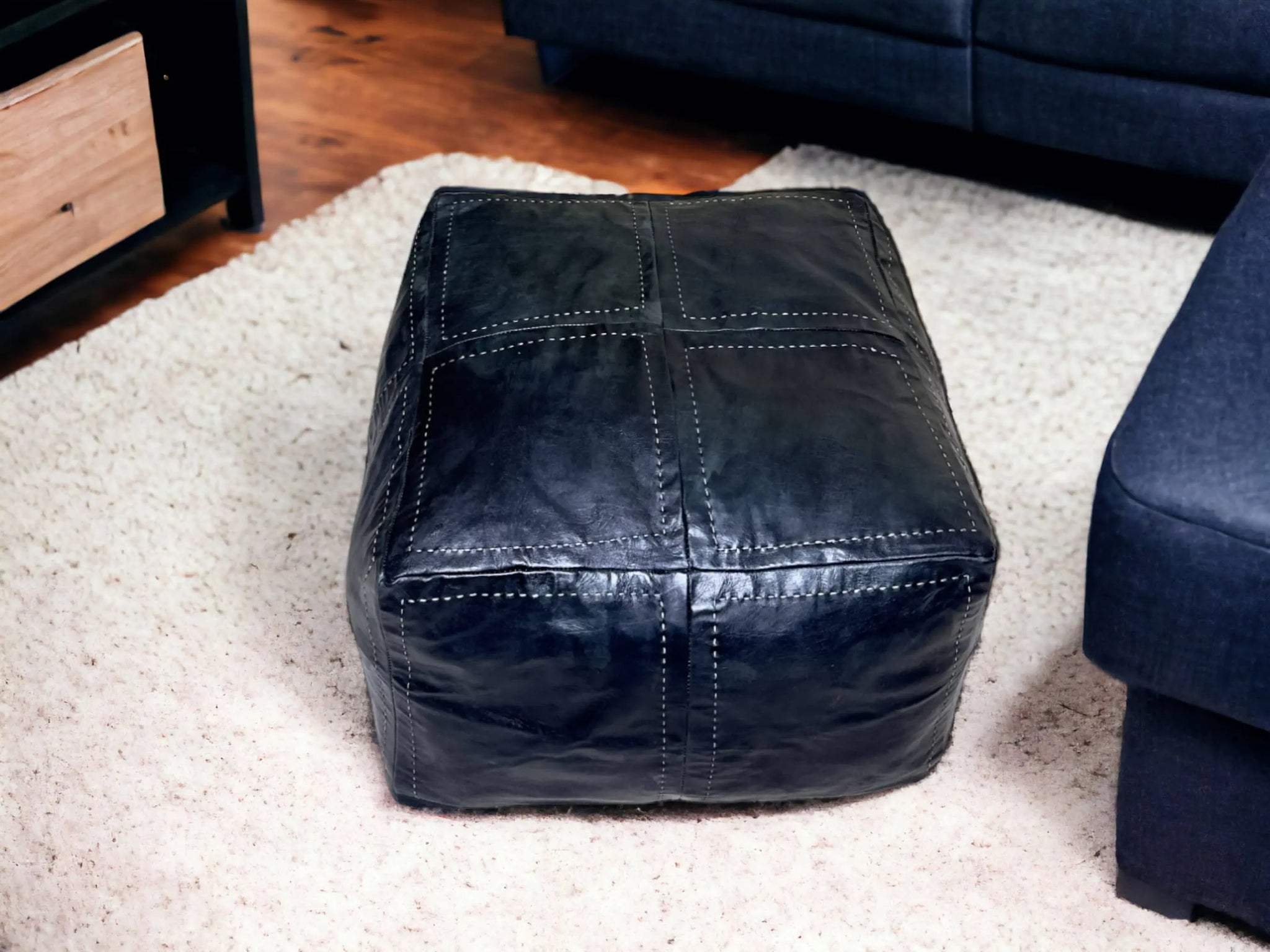 Embrace Timeless Elegance with Our Exquisite Large Black Square Leather Pouf Soukdecor