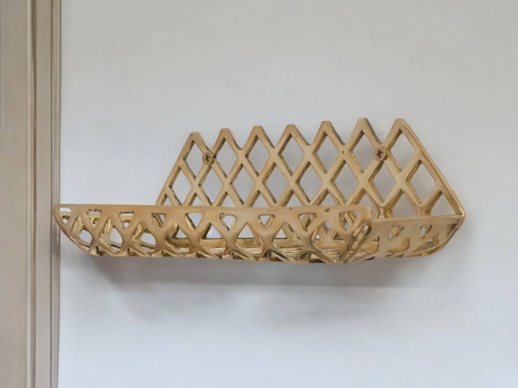Handcrafted Unlacquered Brass Wall Shelf for Shower - Grid Bathroom Shelf Soukdecor