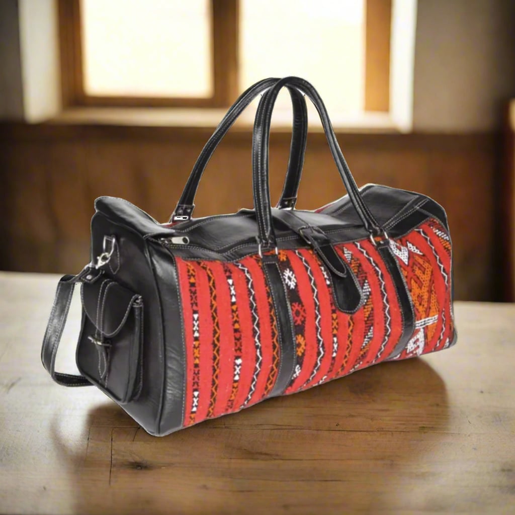 Afella Kilim Leather Travel Duffle Bag Moroccan Interior
