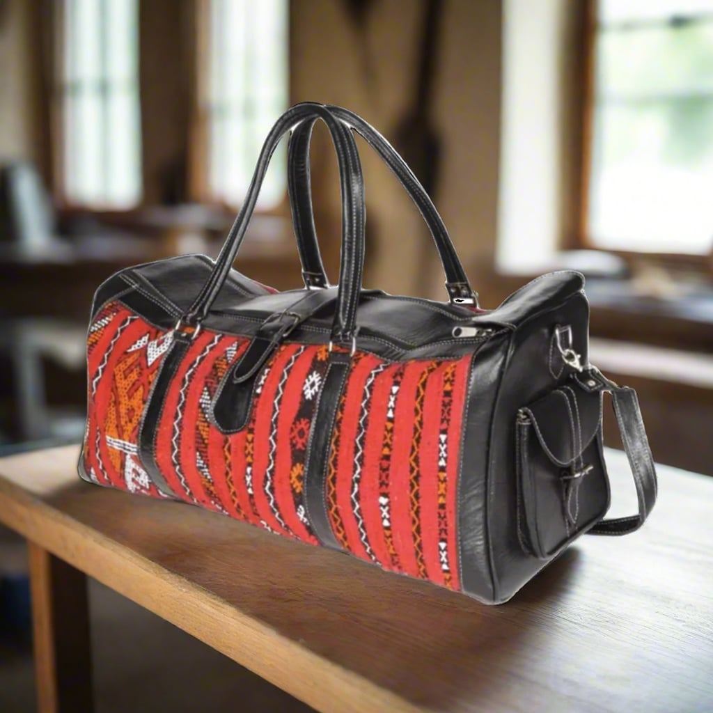 Afella Kilim Leather Travel Duffle Bag Moroccan Interior