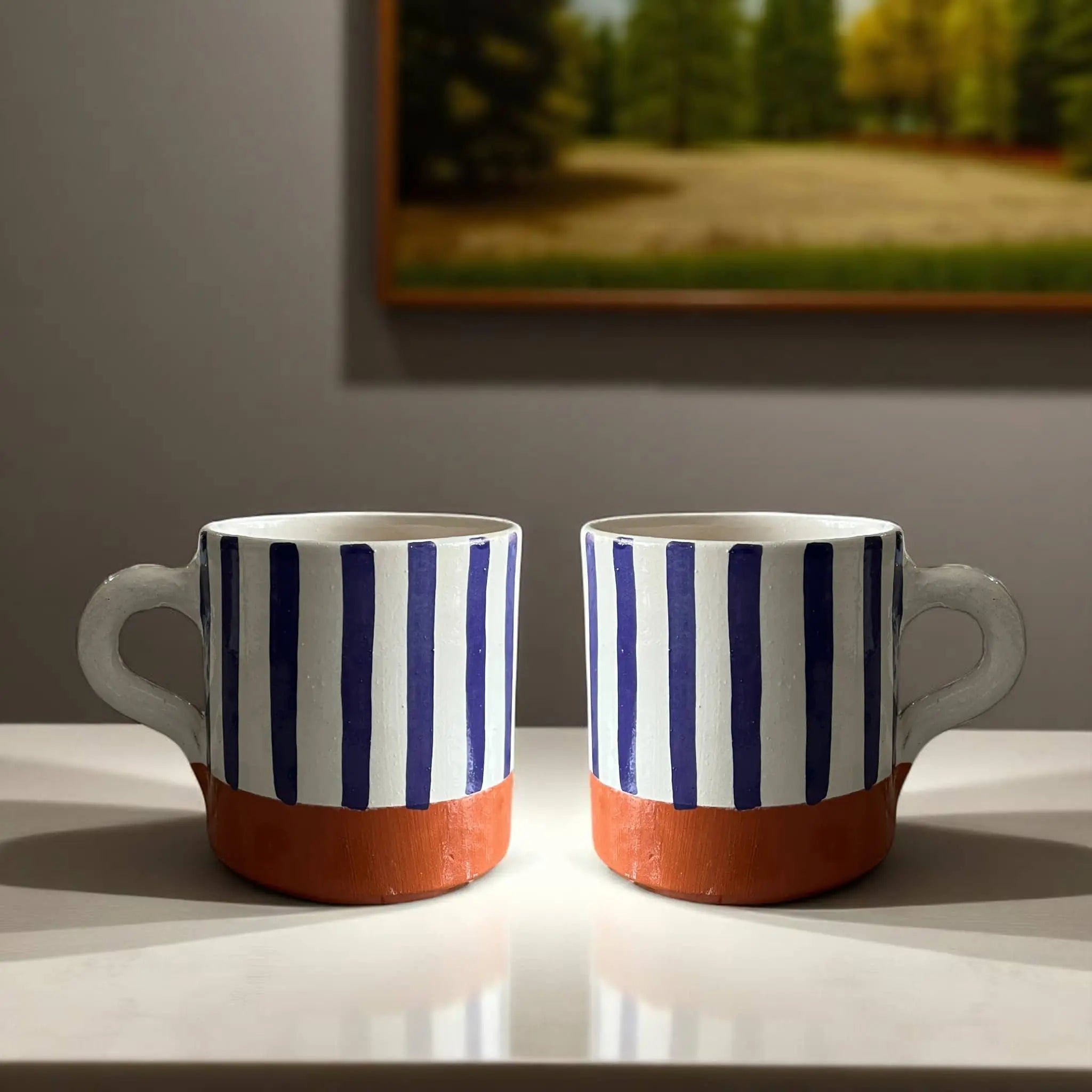 Discover Your Signature Style with This Handpainted Terracotta & Blue Striped Tumbler (9 cm H x 8 cm Dia) Soukdecor