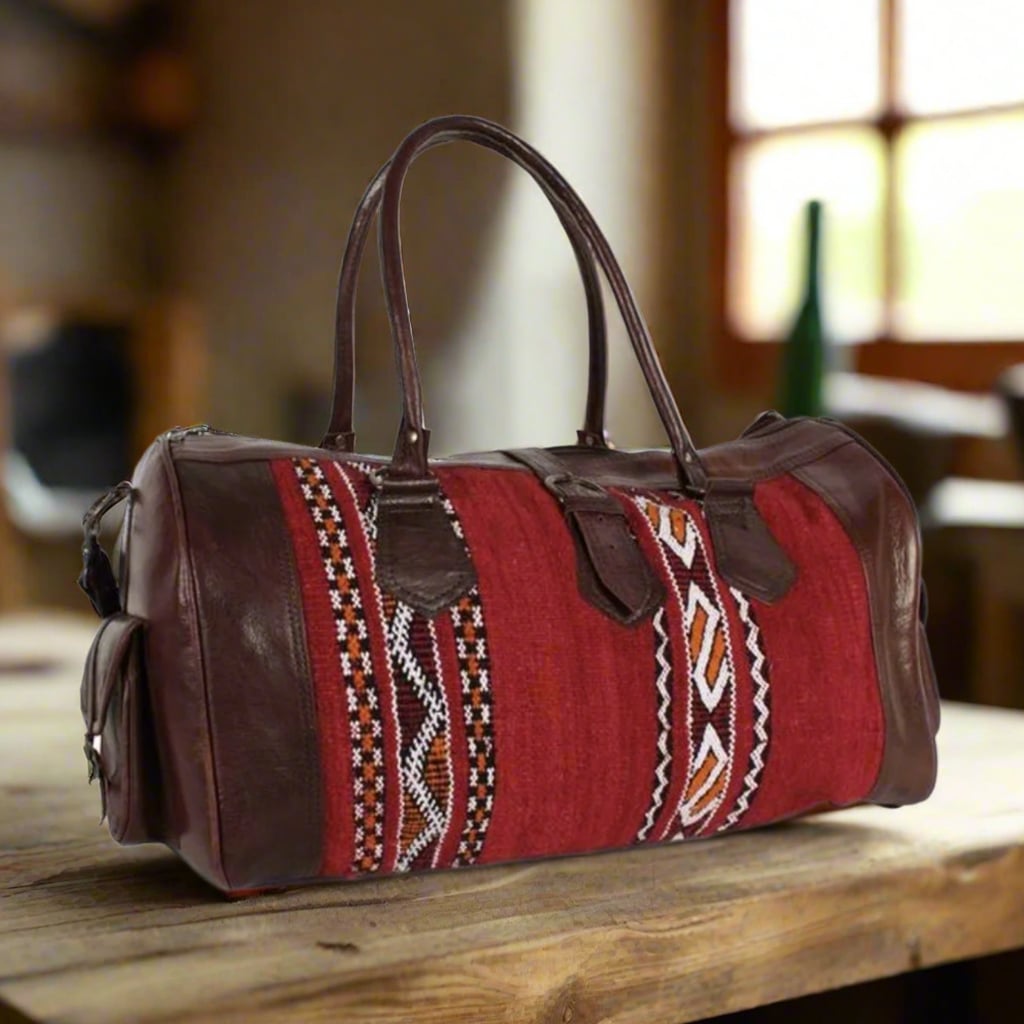 Aferki Kilim Leather Duffle Bag Moroccan Interior