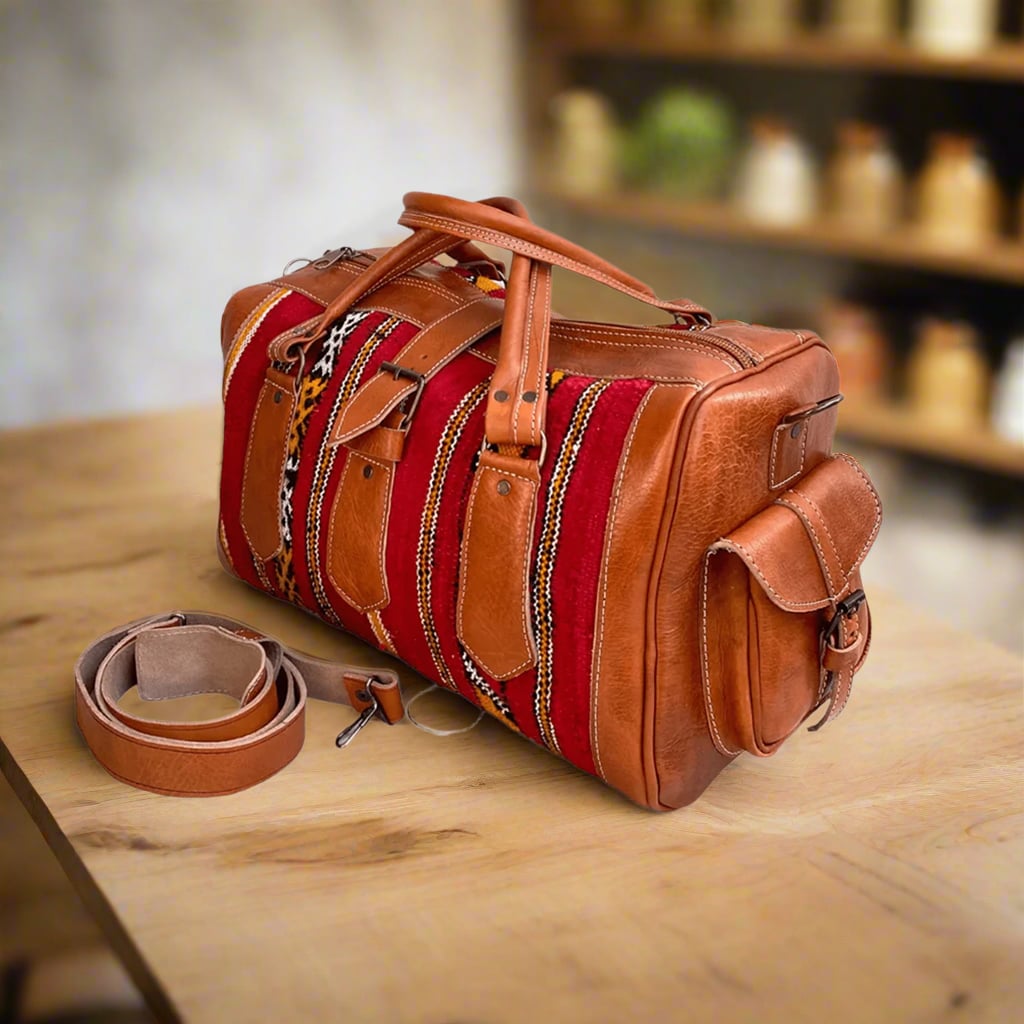 Tirga Kilim Leather Weekend Bag Moroccan Interior
