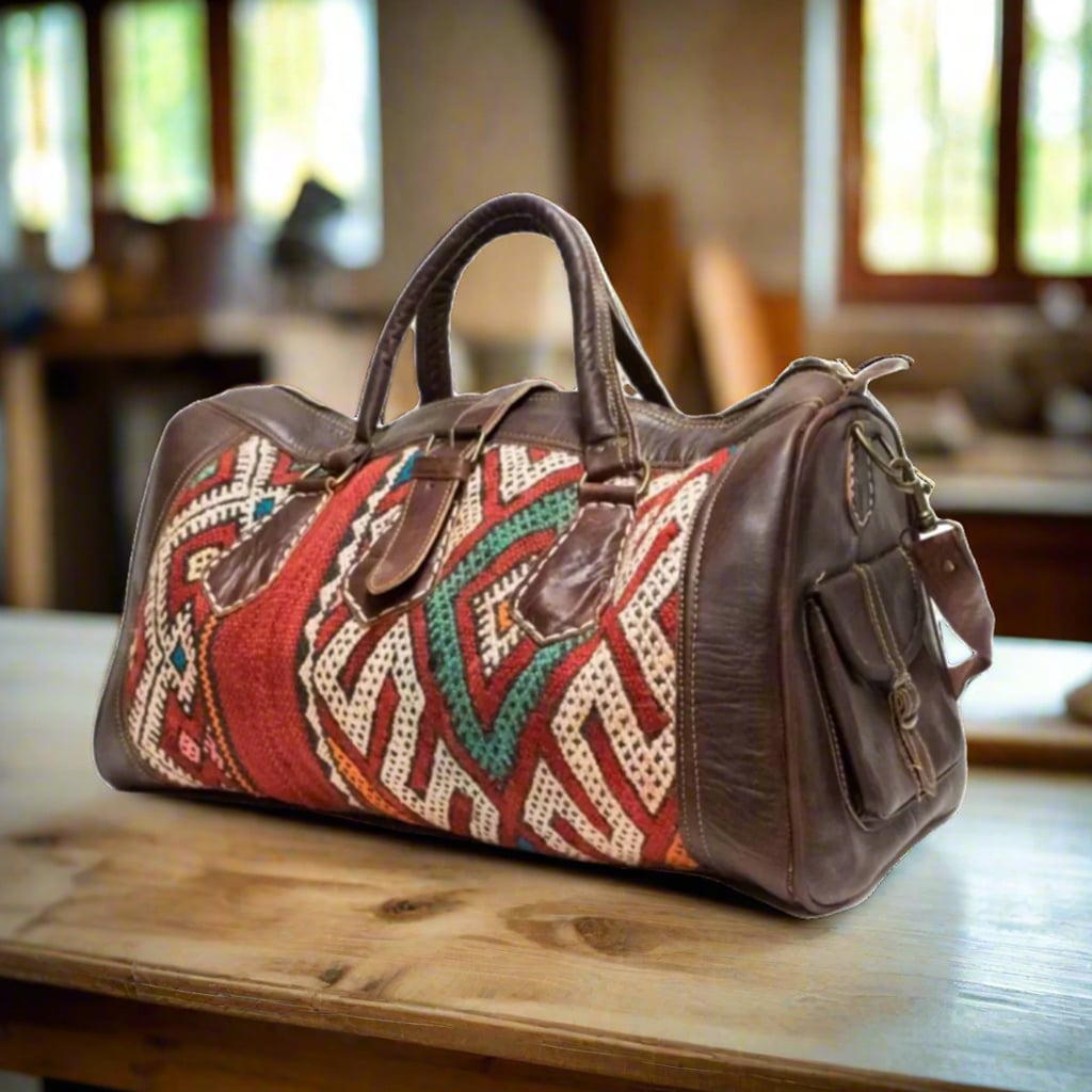 Amoud Kilim Leather Travel Duffle Bag Moroccan Interior