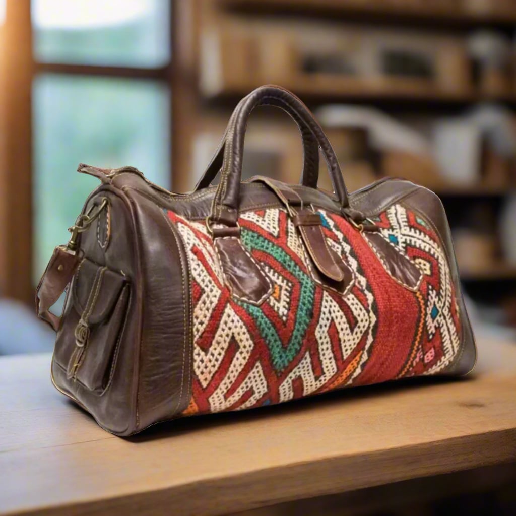Amoud Kilim Leather Travel Duffle Bag Moroccan Interior