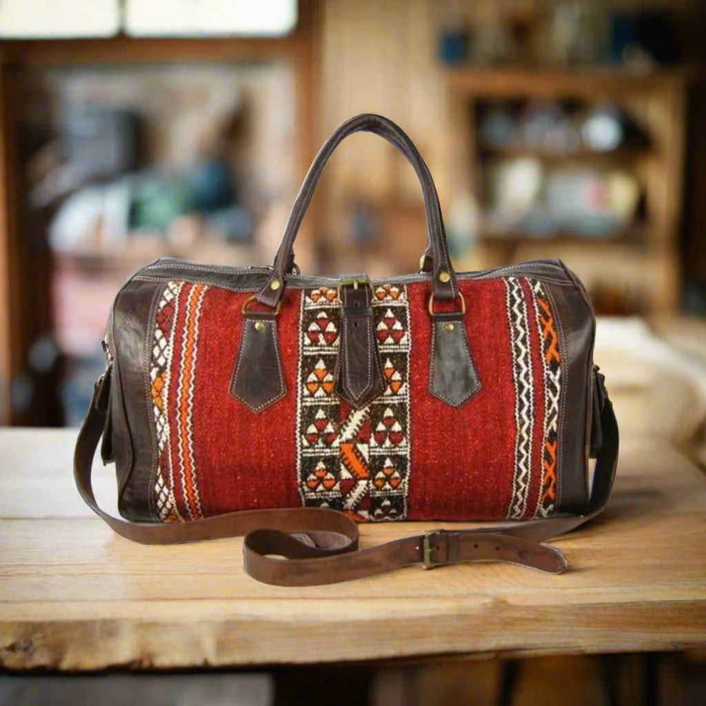 Adgal Kilim Leather Travel Duffle Bag Moroccan Interior