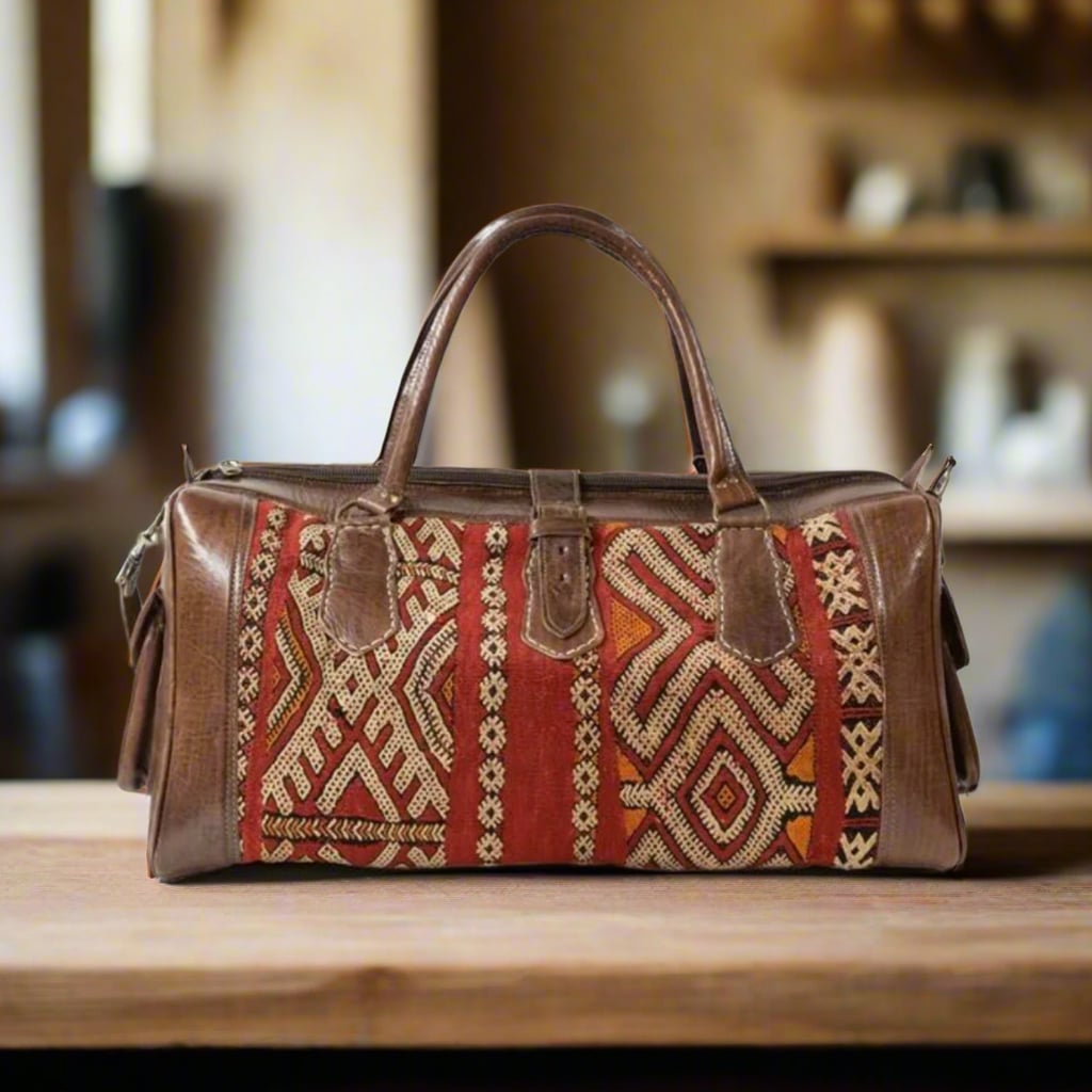 Taddsa Kilim Leather Travel Duffle Bag Moroccan Interior