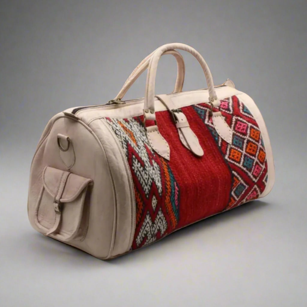 Afanou Kilim Leather Travel Duffle Bag Moroccan Interior