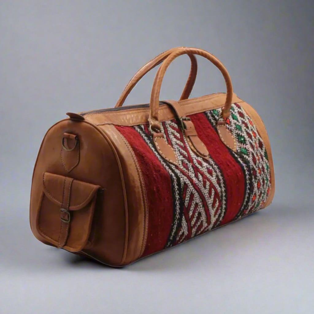 Afanou Kilim Leather Travel Duffle Bag Moroccan Interior