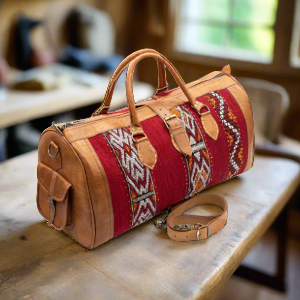 Azzar Kilim Leather Travel Duffle Bag Moroccan Interior