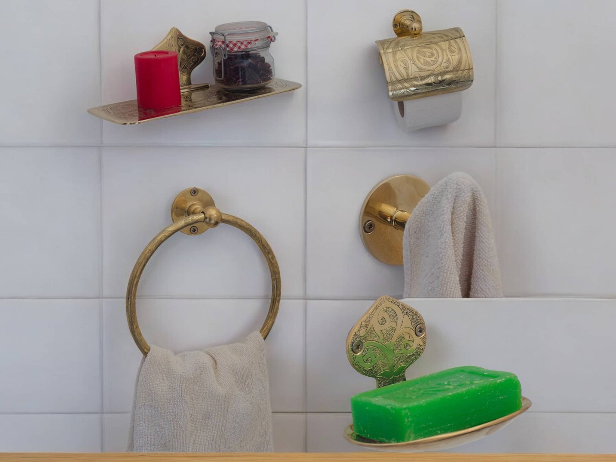 Moroccan Brass Bathroom Wall Art Set - Handcrafted 7-Piece Brass Bath Fixtures Soukdecor