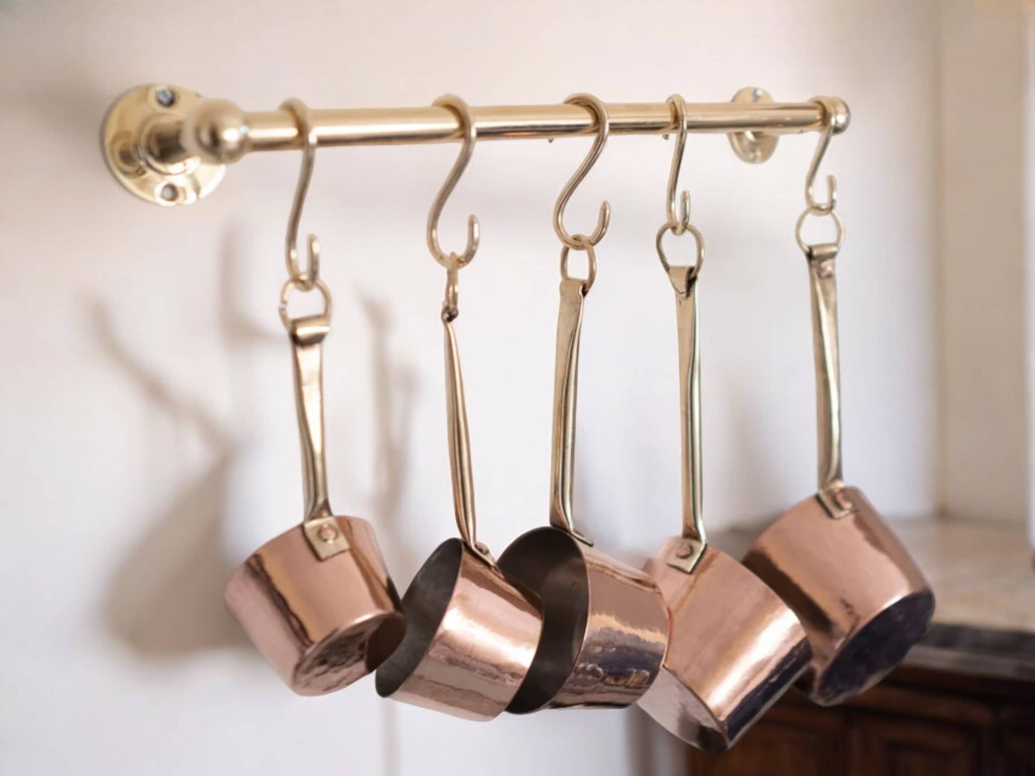 Unlacquered Brass Pot Rail with Hooks - Elegant Kitchen Pot Rack & Hangers Soukdecor