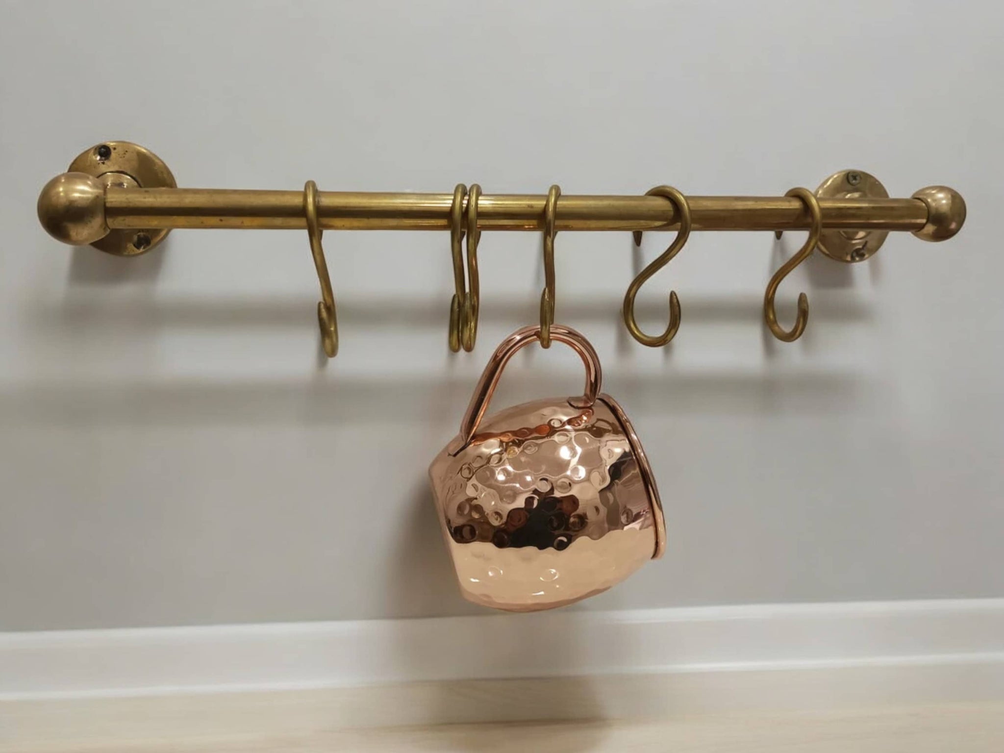 Unlacquered Brass Pot Rail with Hooks - Elegant Kitchen Pot Rack & Hangers Soukdecor