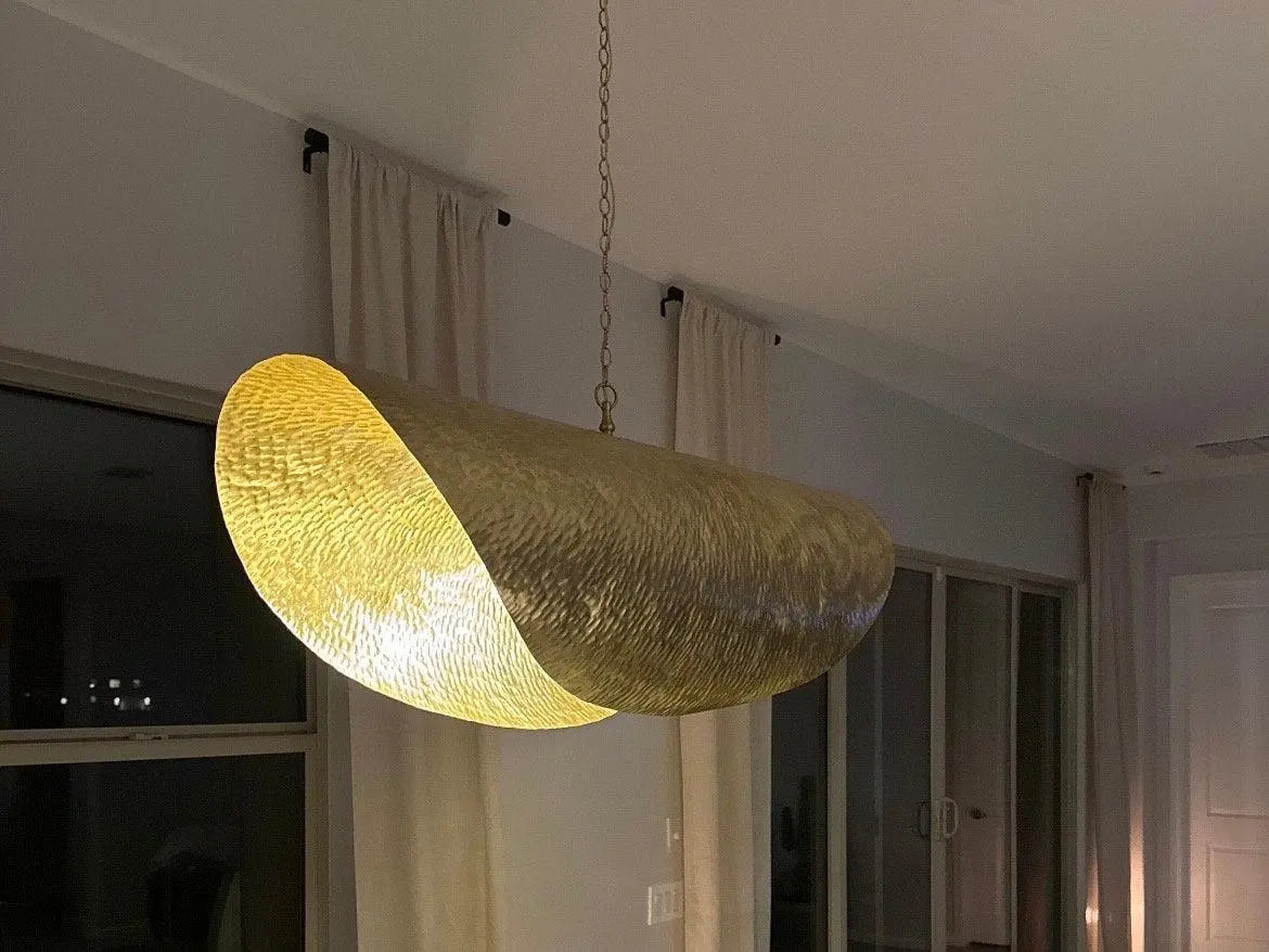 Leaf Shaped Brass Pendant Light – Moroccan Lotus Hanging Ceiling Lamp – Gold Hammered Fixture Soukdecor