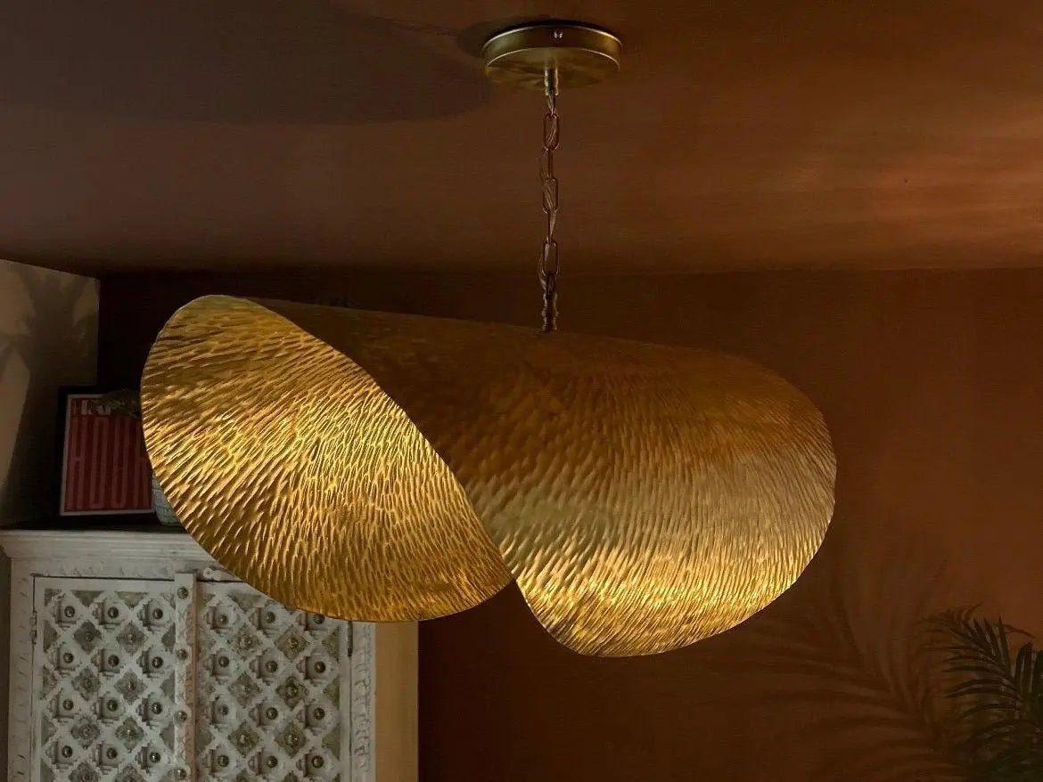 Leaf Shaped Brass Pendant Light – Moroccan Lotus Hanging Ceiling Lamp – Gold Hammered Fixture Soukdecor
