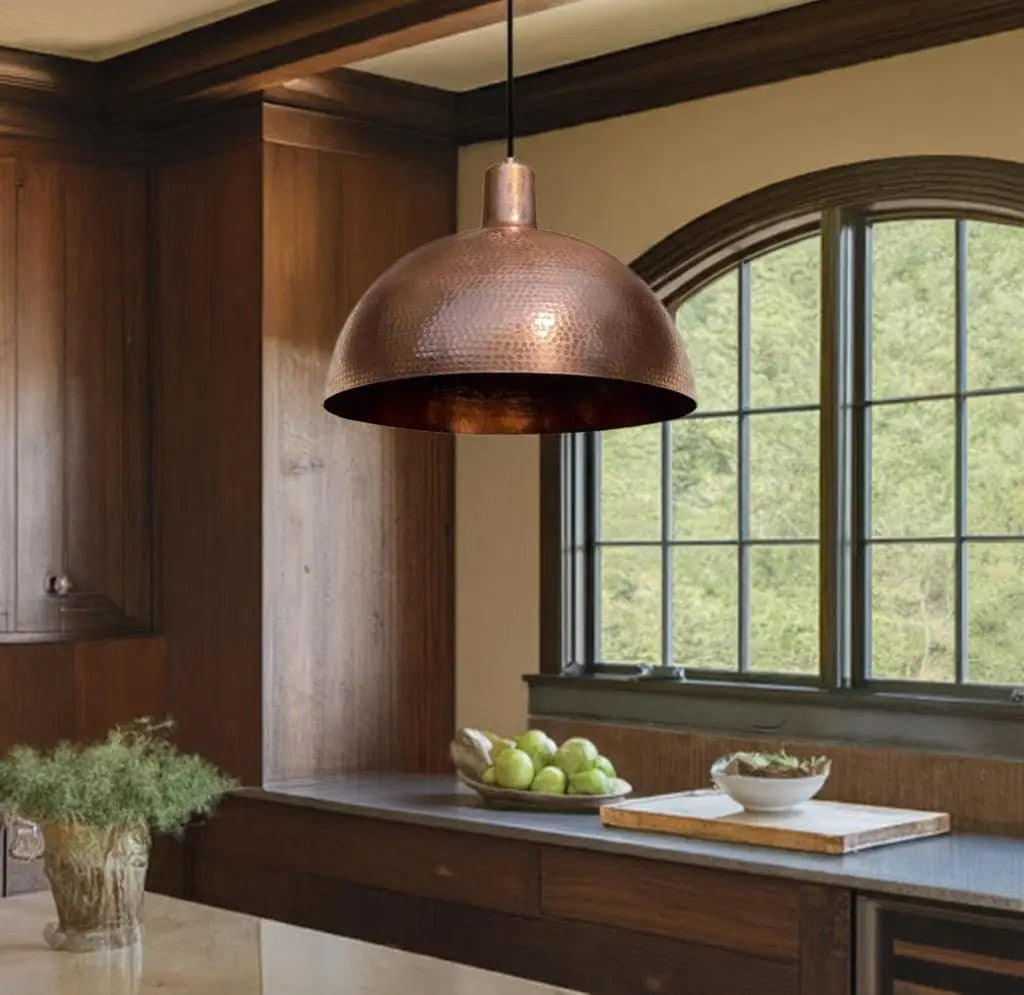 Handmade Copper Hammered Dome Pendant Light – Rustic Island Lighting for Kitchen or Dining Room Soukdecor