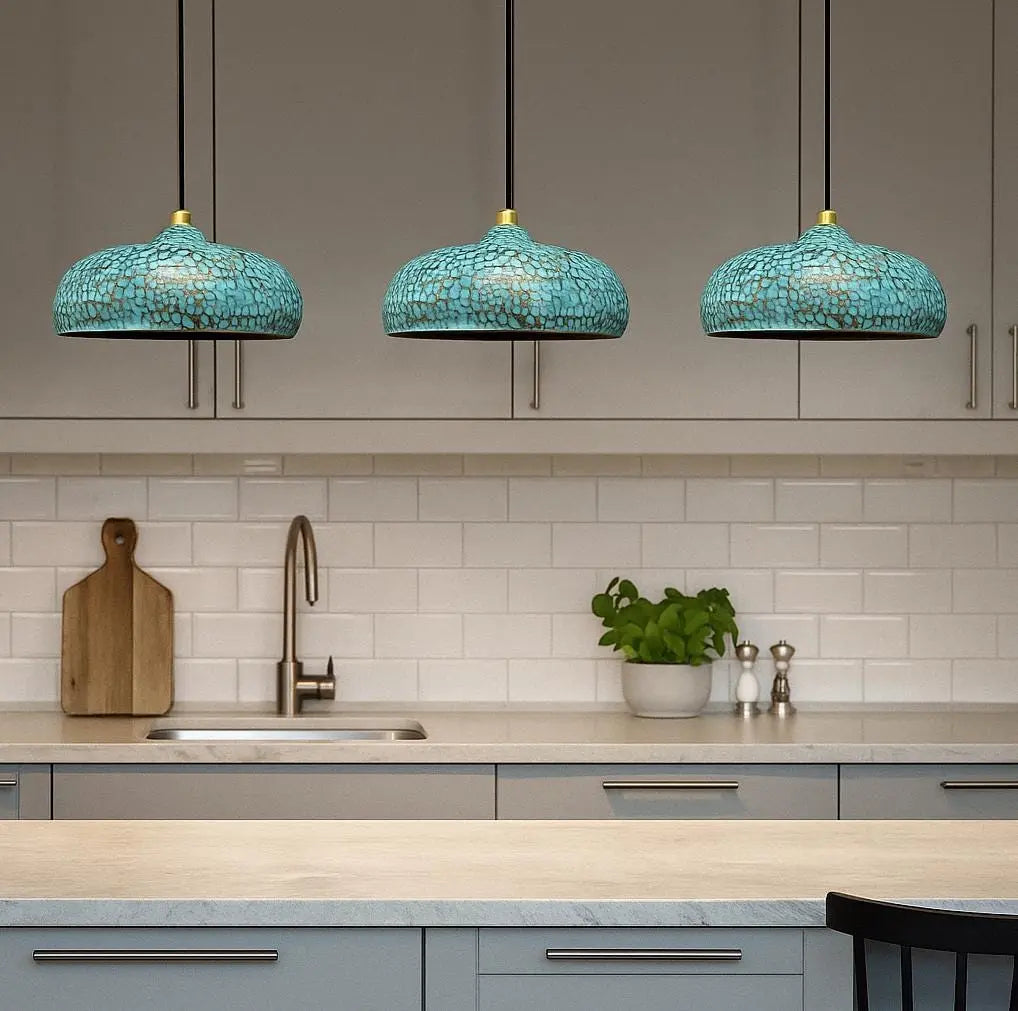 Handmade Moroccan Brass Pendant Light – Turquoise Hammered Hanging Lamp – Patina Dome Ceiling Fixture – Boho Kitchen or Dining Light Soukdecor