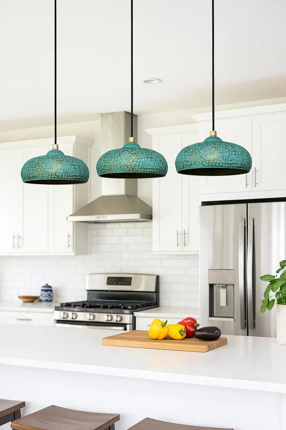 Handmade Moroccan Brass Pendant Light – Turquoise Hammered Hanging Lamp – Patina Dome Ceiling Fixture – Boho Kitchen or Dining Light Soukdecor