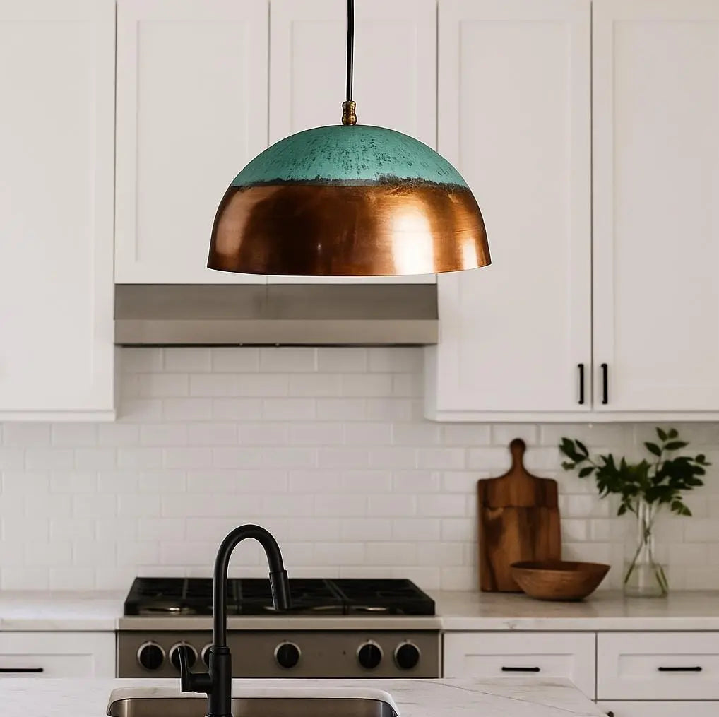 Handmade Copper Pendant Light – Half Patina Hanging Lamp – Moroccan Dome Ceiling Fixture – Rustic Kitchen Island Lighting Soukdecor
