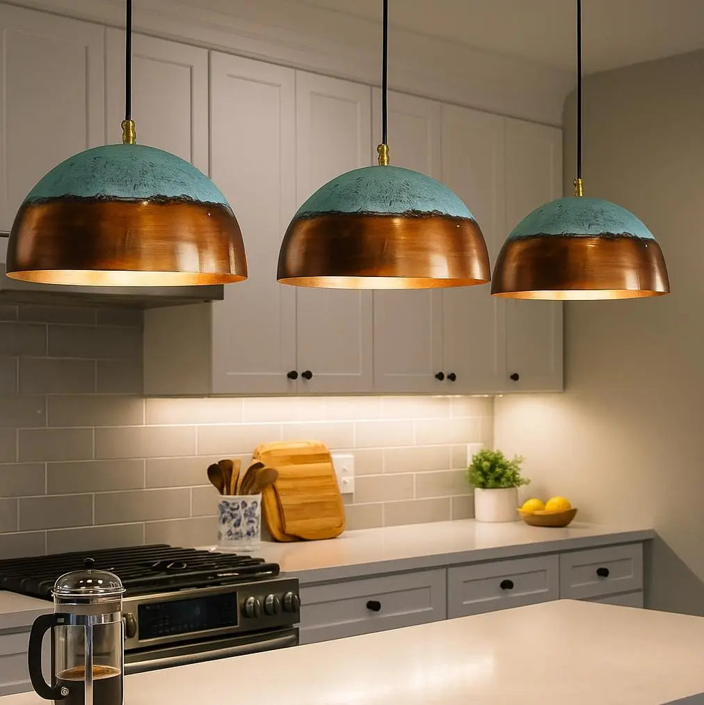 Handmade Copper Pendant Light – Half Patina Hanging Lamp – Moroccan Dome Ceiling Fixture – Rustic Kitchen Island Lighting Soukdecor