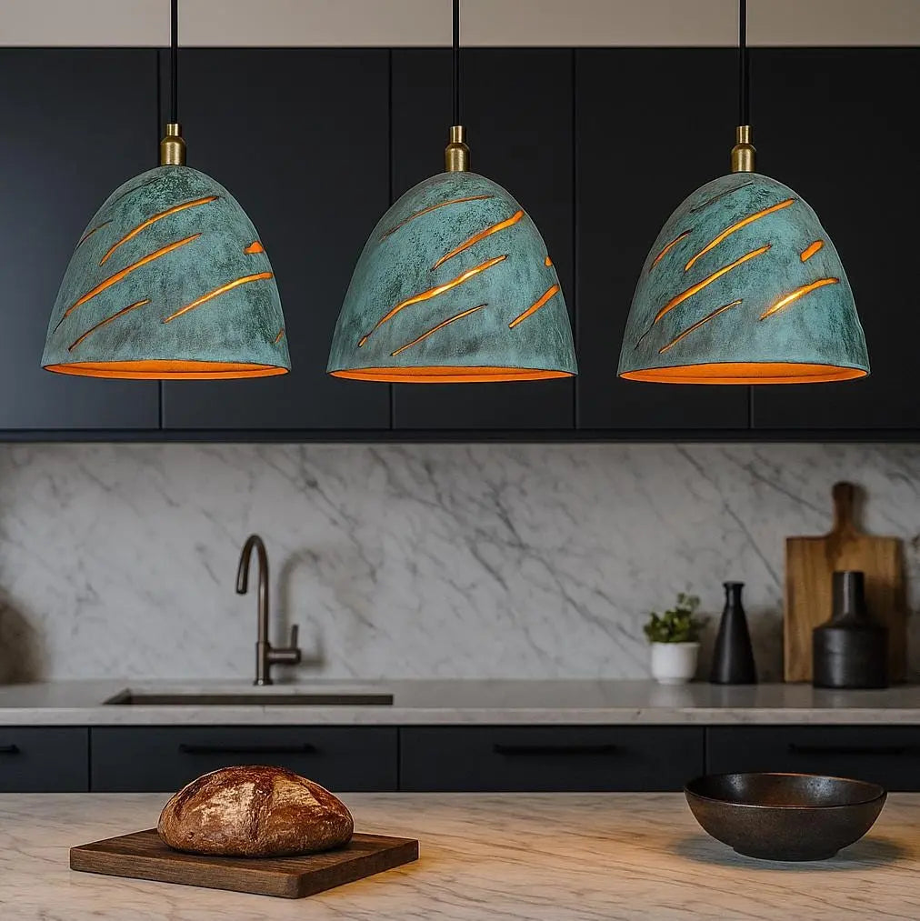 Handmade Patina Pendant Light – Moroccan Cutout Dome Lamp – Turquoise Ceiling Fixture – Boho Rustic Kitchen Island Lighting Soukdecor