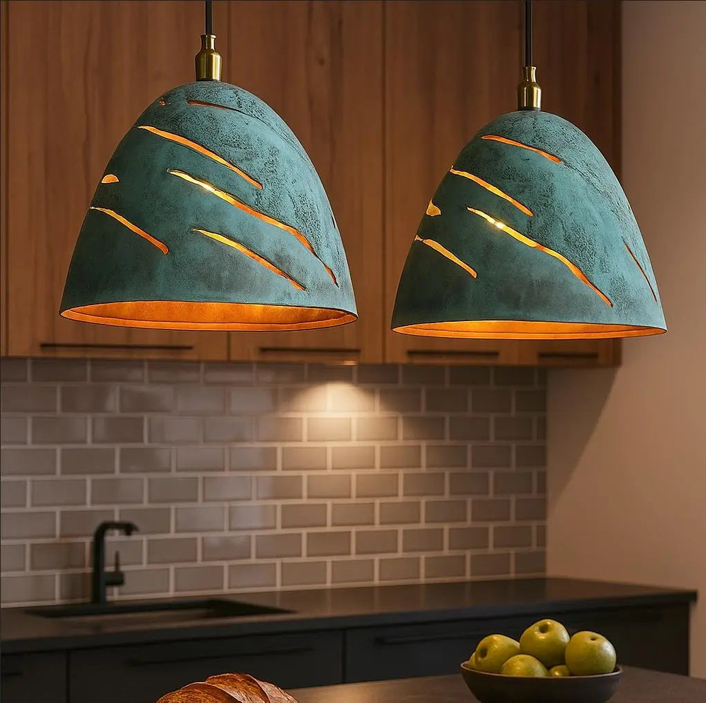 Handmade Patina Pendant Light – Moroccan Cutout Dome Lamp – Turquoise Ceiling Fixture – Boho Rustic Kitchen Island Lighting Soukdecor