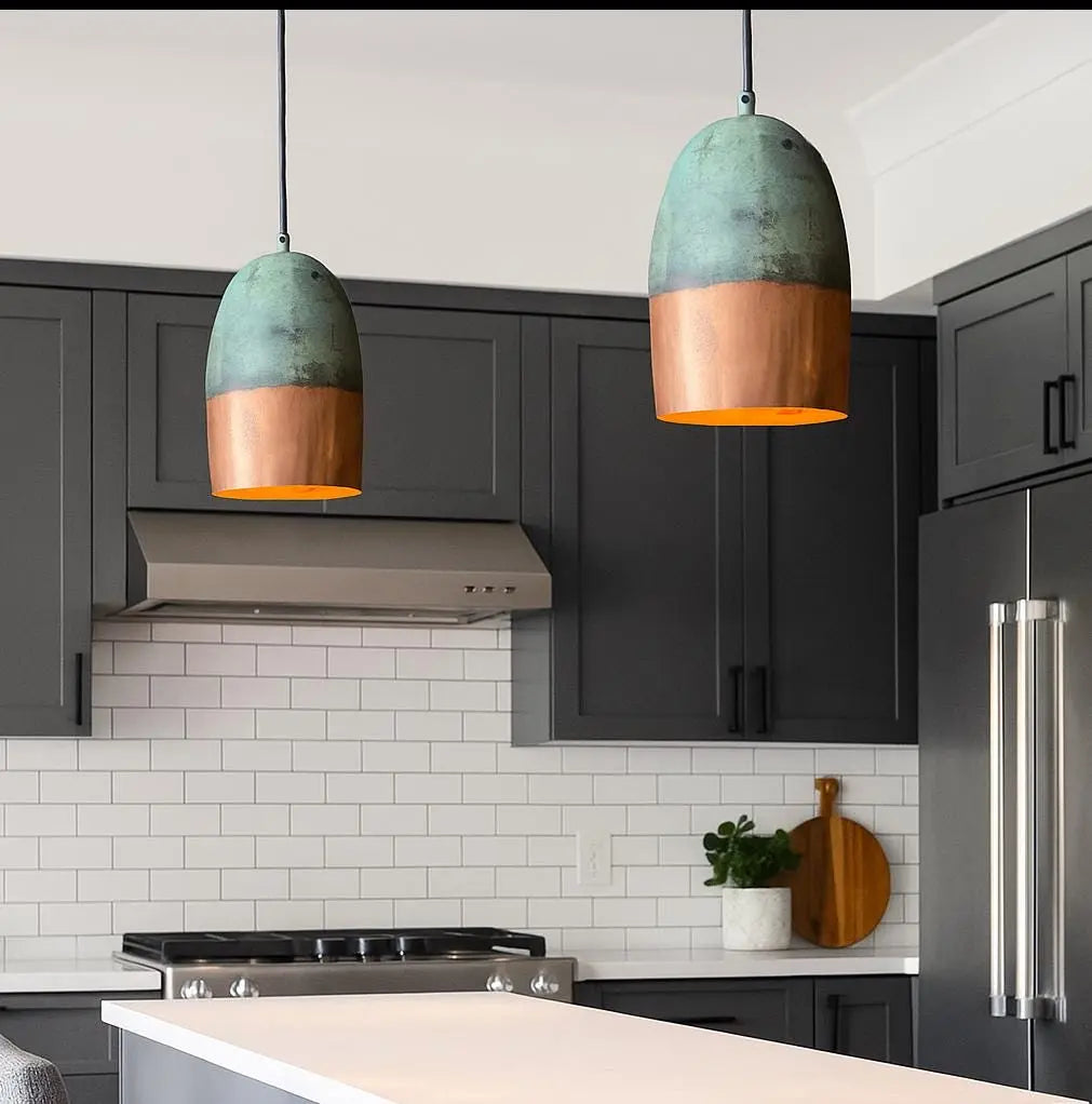 Handmade Copper Pendant Light – Half Patina Cylinder Lamp – Moroccan Kitchen Island Lighting – Rustic Hanging Light Fixture Soukdecor