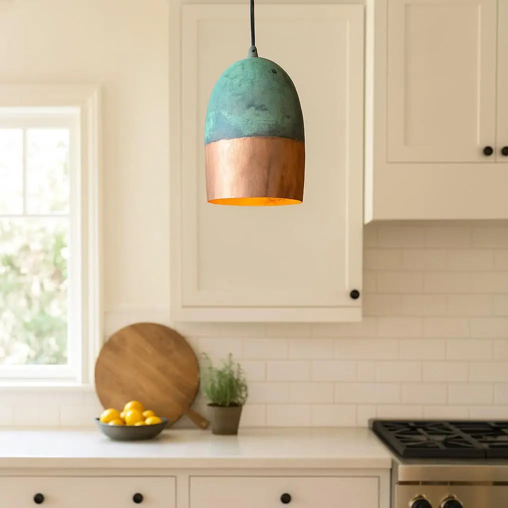 Handmade Copper Pendant Light – Half Patina Cylinder Lamp – Moroccan Kitchen Island Lighting – Rustic Hanging Light Fixture Soukdecor